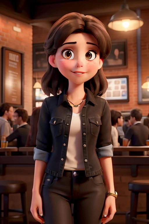 Young white woman medium dark brown hair brown eyes wearing jeans and black blouse drinking beer in a new york bar
