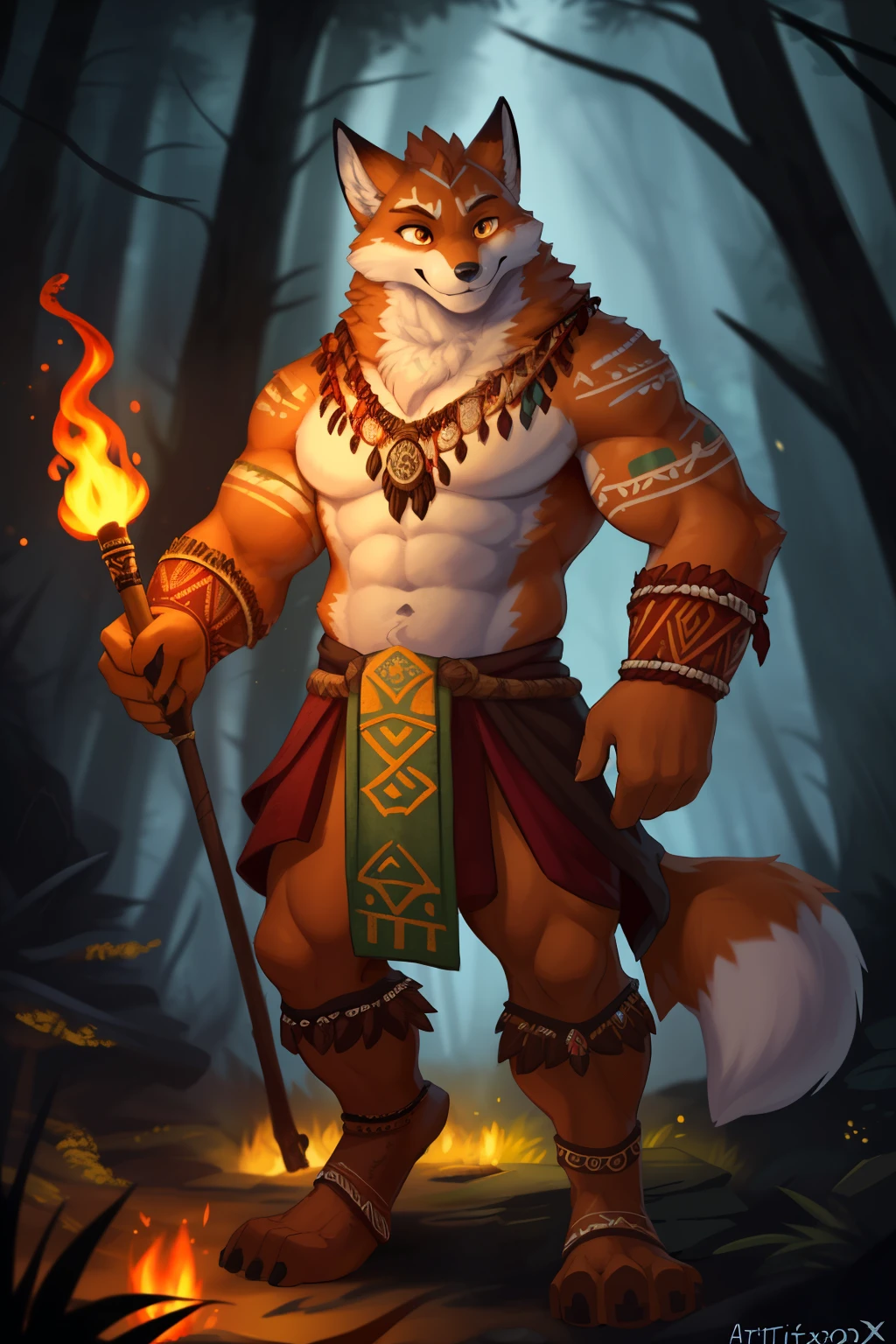 (By ArtisticFox22, by WhisperingWoods, by SketchyWisdom)
Anthropomorphic fox, tribal shaman outfit, furry, muscular, detailed body, detailed face, expressive eyes, brown furs, torch in hand, full body, night, forest, dramatic light play, solo, depth of field, motion blur, highest quality, masterpiece, ultra detailed, sharp focus, warm amber glow from the torch, cold atmosphere, open smile, soft orange blush, detailed background with intricate tribal patterns, trending on ArtStation, by ArtisticFox22, WhisperingWoods, SketchyW