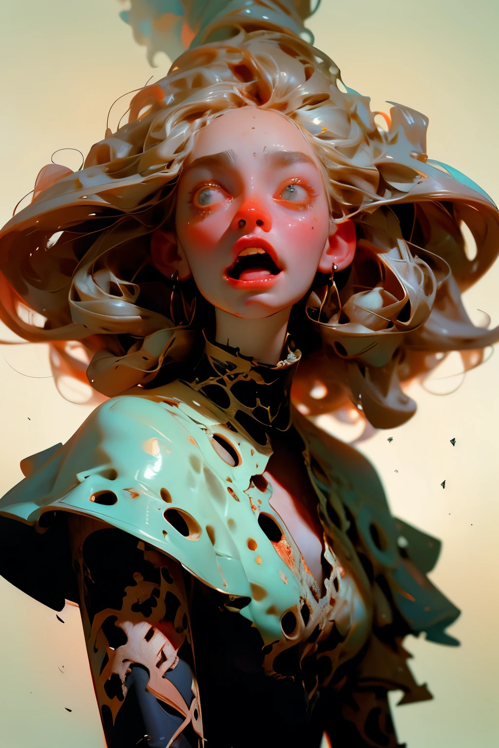 A Masterpiece of Modern Art: A Reimagined Vision of Heinrich Lossow's Work
The painting portrays a tormented female figure, her face etched with beauty and despair, her mouth wide open in a bone-chilling scream. As she reaches out, her shirt is torn asunder by the force of her anguish. She stands amidst a swarm of sows, each with a distinct, haunting facial expression that reflects their shared sorrow.
The contemporary interpretation of this work uses a vibrant color palette, casting the scene in a surreal, dreamlike haze. The characters are depicted in a distorted, yet captivating manner, creating an otherworldly