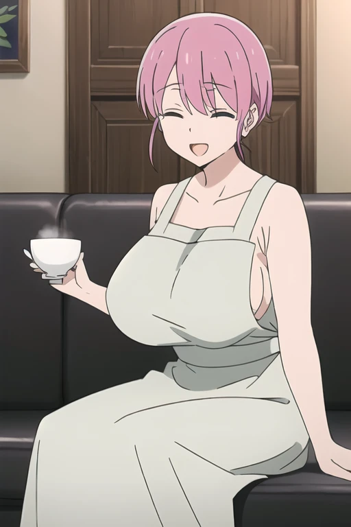 (Very detailedな CG Unity 8k 壁紙),(masterpiece),(highest quality),(Very detailed),(Best illustrations),(Best Shadow),(Absurd), Michiyo, One Girl, alone, Pink Hair, close your eyes, cup, Sitting, sofa, smile, shirt, Open your mouth,(Sleeveless Maxi Dress), short hair, indoor, teacup、(Huge breasts:2)、Boobs clothes are a tent、apron