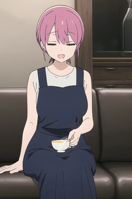 (Very detailedな CG Unity 8k 壁紙),(masterpiece),(highest quality),(Very detailed),(Best illustrations),(Best Shadow),(Absurd), Michiyo, One Girl, alone, Pink Hair, close your eyes, cup, Sitting, sofa, smile, shirt, Open your mouth,(Sleeveless Maxi Dress), short hair, indoor, teacup、(Huge breasts:2)、Boobs clothes are a tent、apron