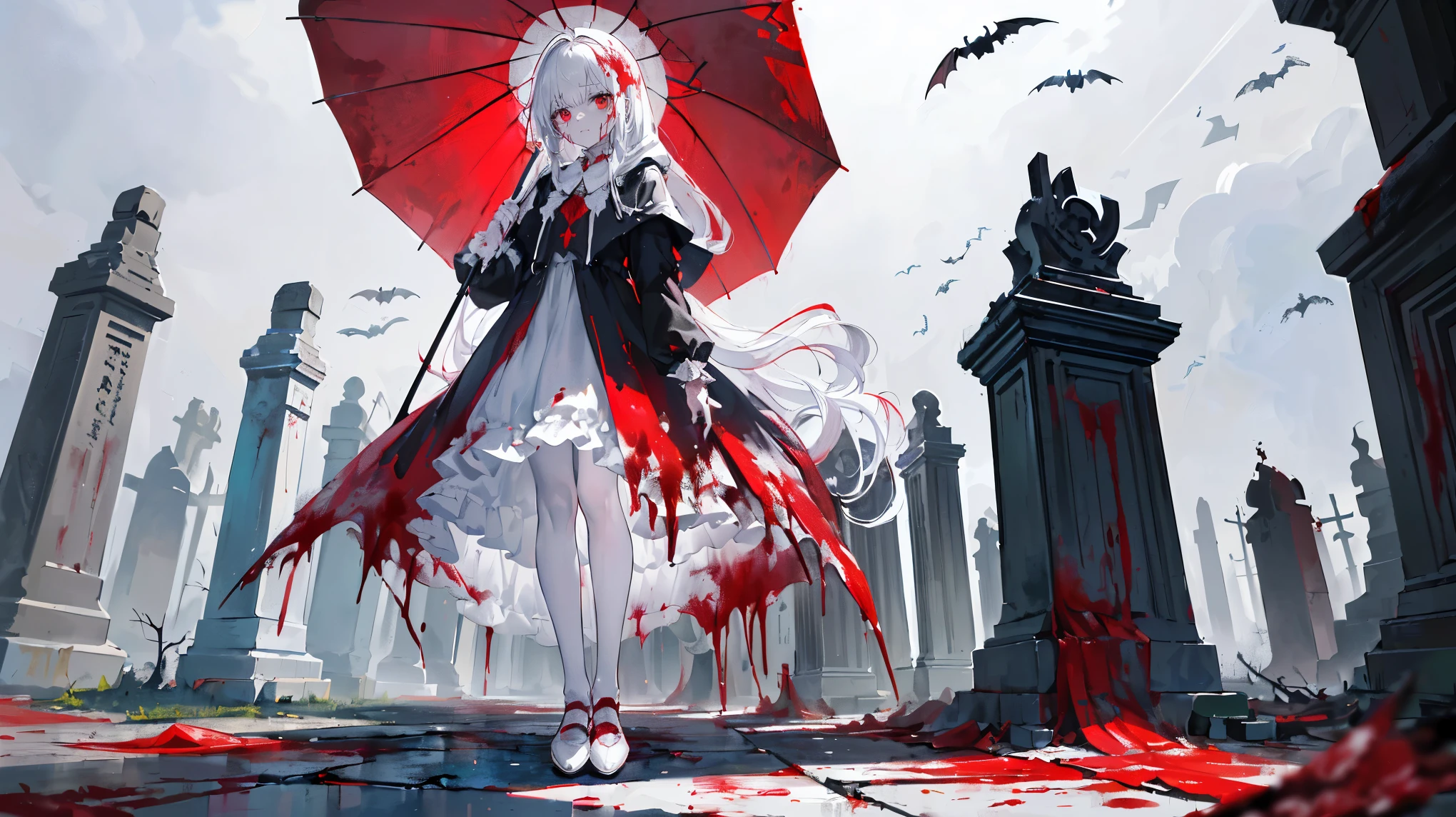 (Super detailed)),((illustration))，((masterpiece)),(((need))),((fine、Highest quality CG Unity 8K wallpapers，masterpiece），（（4k，masterpiece，best quality）），A mature girl with long white hair，vampire，Miserable white skin，Blood red eyes，Dark Sun，dark，flat chest，Ruined cemetery，White Gothic Clothing，Blood splattered on clothes，Leave blood and tears，hood，Holding an umbrella，White shoes，Innocent，A pool of blood under my feet，bats flying over，crazy，Blood rained in the sky，Full body picture