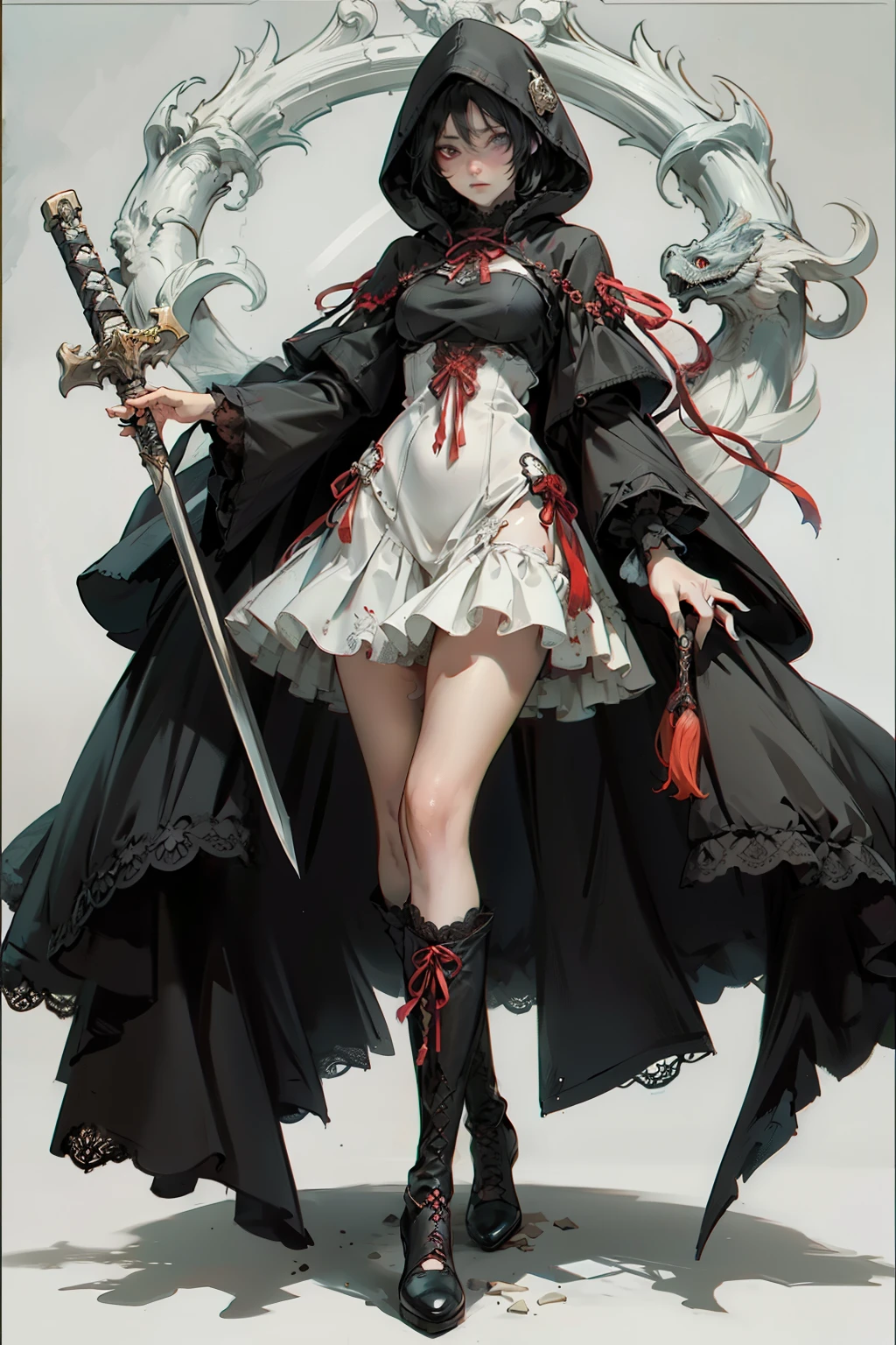 ((best quality)), ((masterpiece)), (detailed), blank white background, plain background, white background, off the shoulder NSFW, off shoulder, red and white clothing, Bloodborne inspired,  occult aesthetic, occult, detailed and intricate steampunk and detailed gothic, NSFW, Very dramatic and cinematic lighting, cosmic horror, grim-dark, side-lighting, perfect face, NSFW, Fluttering lace flared long knee length dress with frilly petticoats, knee length dress, pleated petticoats, lolita dress, petticoats gothic lolita, complex lace boots, side-lighting, gothic lolita aesthetic, wielding a mighty sword, carbine, NSFW, beautiful small breasts, small breasts, full body, whole body, body, plain background, white background, blank background, no background, white background NSFW, full body, whole body, head-to-toe NSFW