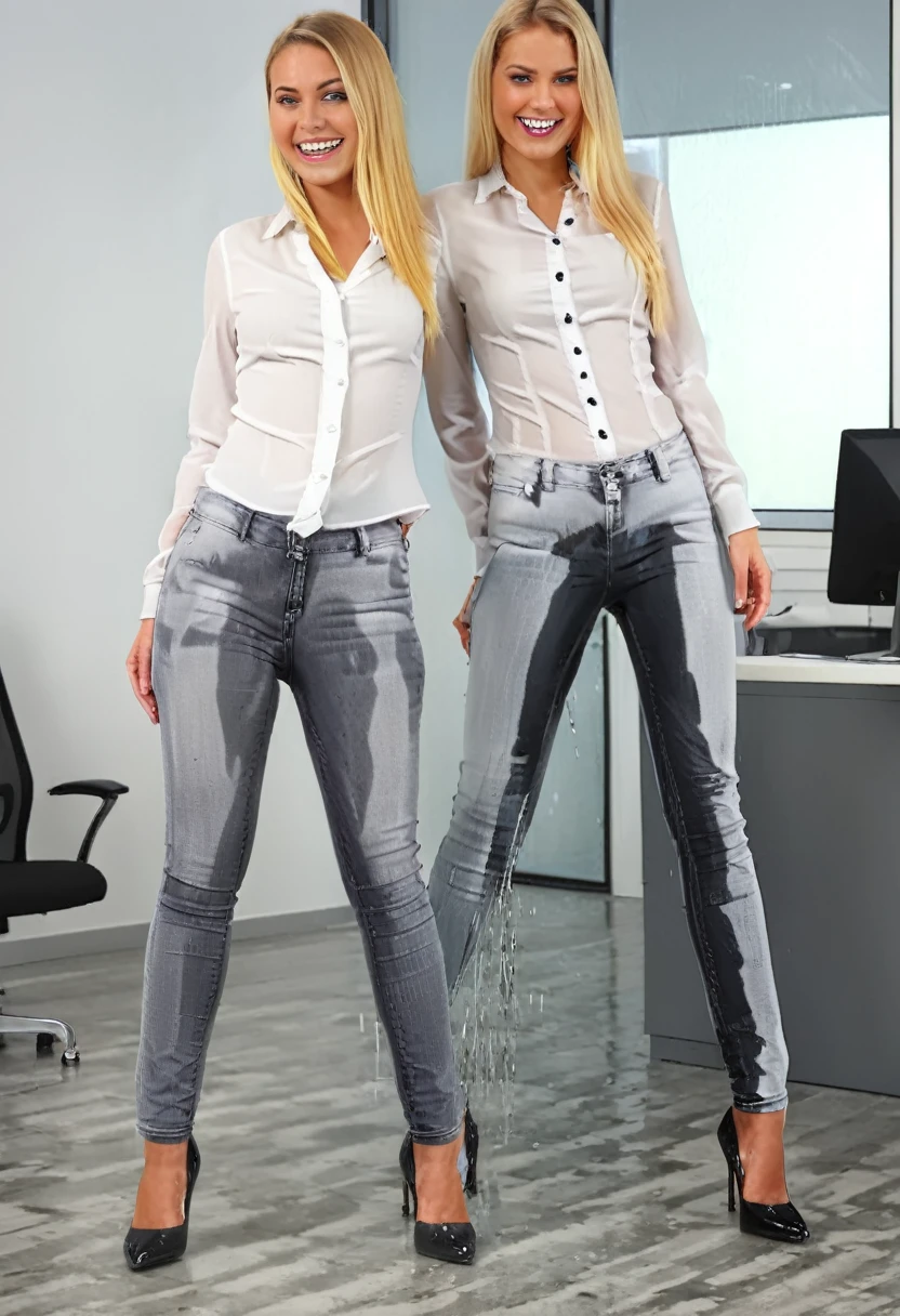 two attractive blonde women wearing skinny jeans, high heel pumps, white blouse, standing in an office, wetting, big smile, pee stains are gleaming wet