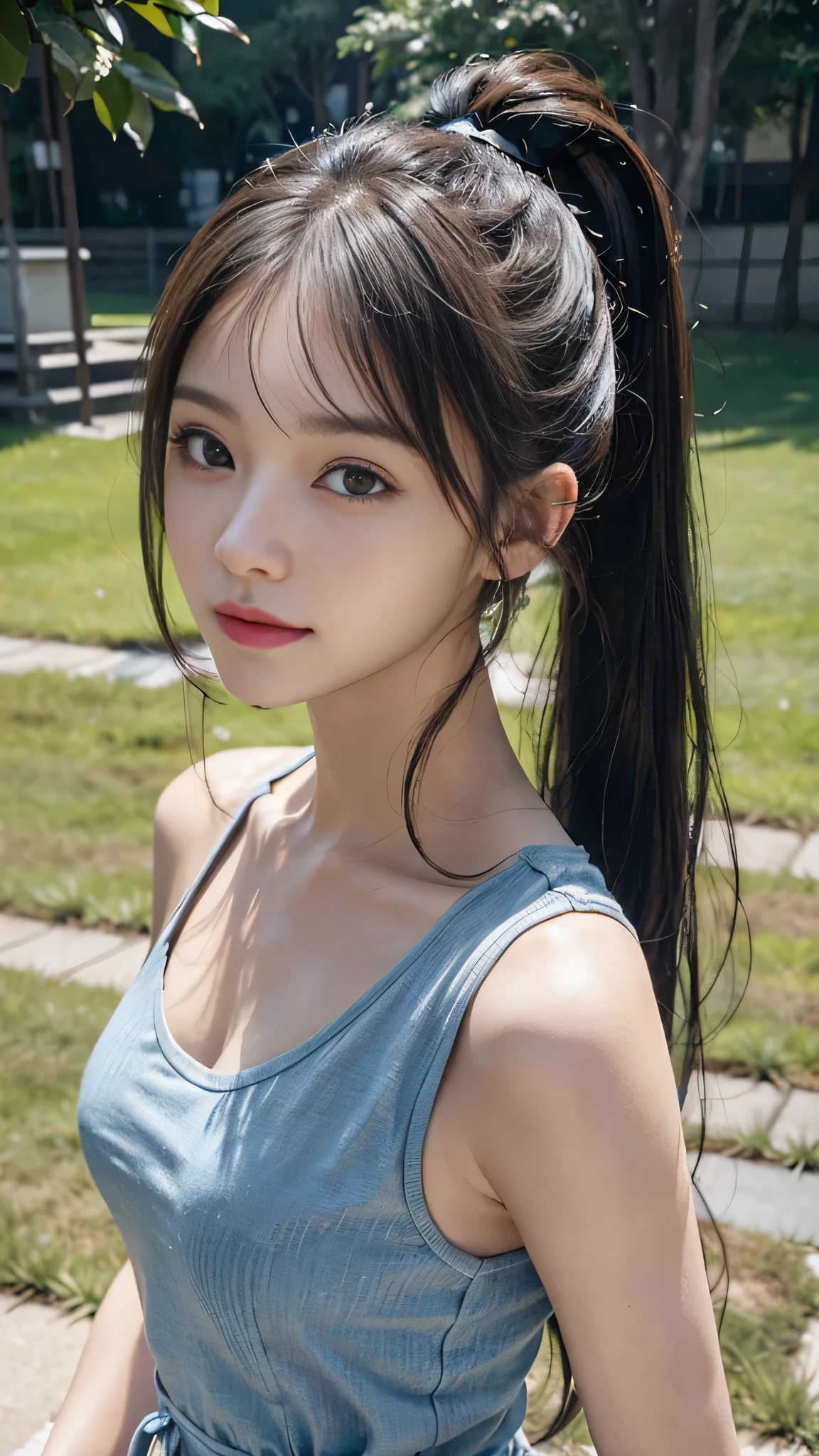 T-shirts,jeans,outdoors,Urban Park,On the lawn,Close up face,One woman,masutepiece, The highest image quality, High quality, the background is clear,Beautiful woman, Japanese, Detailed, Detailed eyes, Detailed skin, Beautiful skin, 超hight resolution, (reality: 1.4),Very beautiful woman, Slightly younger face, Beautiful skin, slender, (Ultra photo realsisim), (hight resolution), (8K), (Very detailed) (beautifully detailed eyes), (super detailed), (Detailed face), view the viewer, Fine details, Detailed face, Staring straight ahead, Staring straight ahead, photos realistic, Bright lighting, Professional Lighting, Black hair,poneyTail,a ,fourteen e: ponytail,Long ponytail hairstyle,slight smile,neat and tidy clothing,Beautiful Japanese KPOP idol photo, hair style is ponytail, my eyes are double and wide, baby face, smile and look shead, slender, small breasts,Close up face,