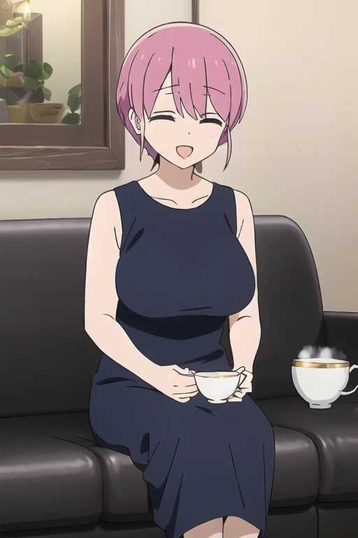 (Very detailedな CG Unity 8k 壁紙),(masterpiece),(highest quality),(Very detailed),(Best illustrations),(Best Shadow),(Absurd), Michiyo, One Girl, alone, Pink Hair, close your eyes, cup, Sitting, sofa, smile, shirt, Open your mouth,(Sleeveless Maxi Dress), short hair, indoor, teacup、(Huge breasts:2)、Milk Tent