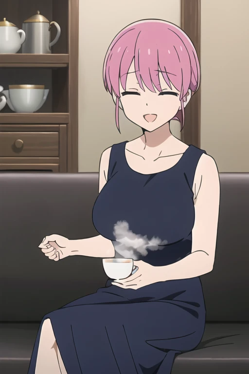 (Very detailedな CG Unity 8k 壁紙),(masterpiece),(highest quality),(Very detailed),(Best illustrations),(Best Shadow),(Absurd), Michiyo, One Girl, alone, Pink Hair, close your eyes, cup, Sitting, sofa, smile, shirt, Open your mouth,(Sleeveless Maxi Dress), short hair, indoor, teacup、(Huge breasts:2)、Milk Tent