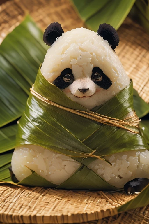 A panda-shaped zongzi, made of glutinous rice, has a cute expression, the lower half of the body is wrapped in tapered leaves, the head sticking out of the leaves, equidistant, cartoon-style, Macro Lens, studio light, nature, soft lighting, film grain, cowboy shot, epiCPhoto