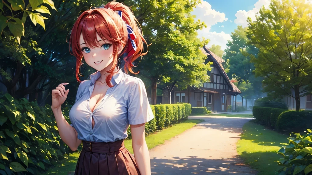 1girl, summer, village, trees, sun, clouds, ((colorful hair)), ponytail, large breasts, button down, blue eyes, ((red, white and green shirt)), ((unbuttoned shirt)), unbuttoning buttons, ((short sleeved shirt)), black mini skirt, brown shoes, grin, looking at the viewer, standing, red, white and green hair ribbon, cleavage, ((golden necklate))