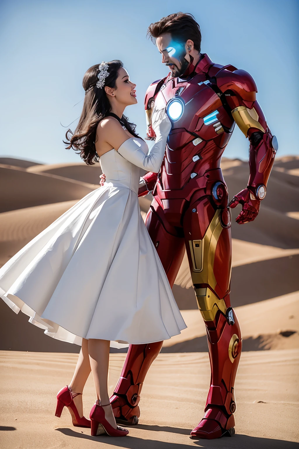 iron man dancing forró with snow white in a desert, foto realista, melhor qualidade