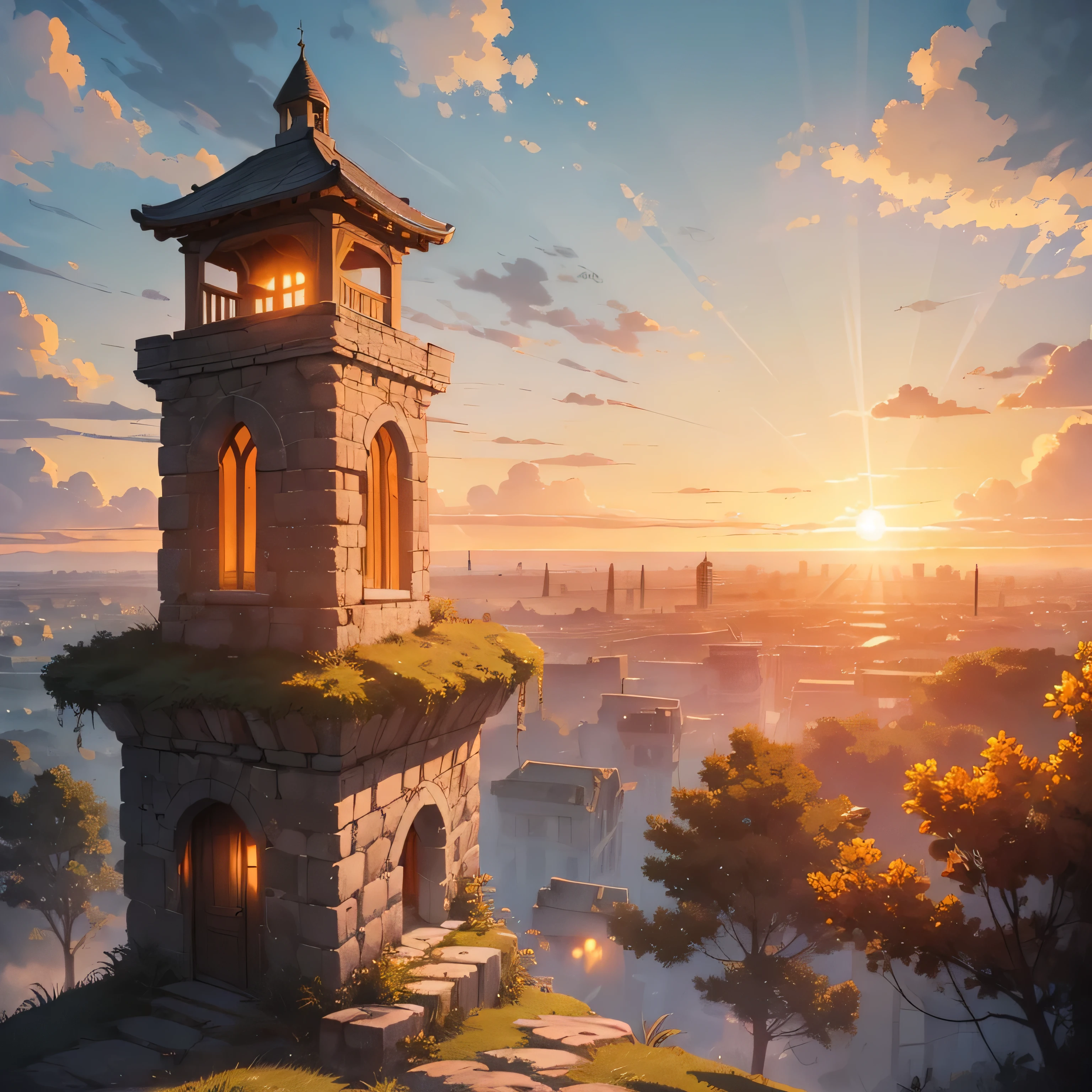 Illustration background,Meadow forest sky, ((Late afternoon scene)... (View at the top of a stone tower, gray color) ( Sky color with orange tones, sunset style) ( Anime scenario)