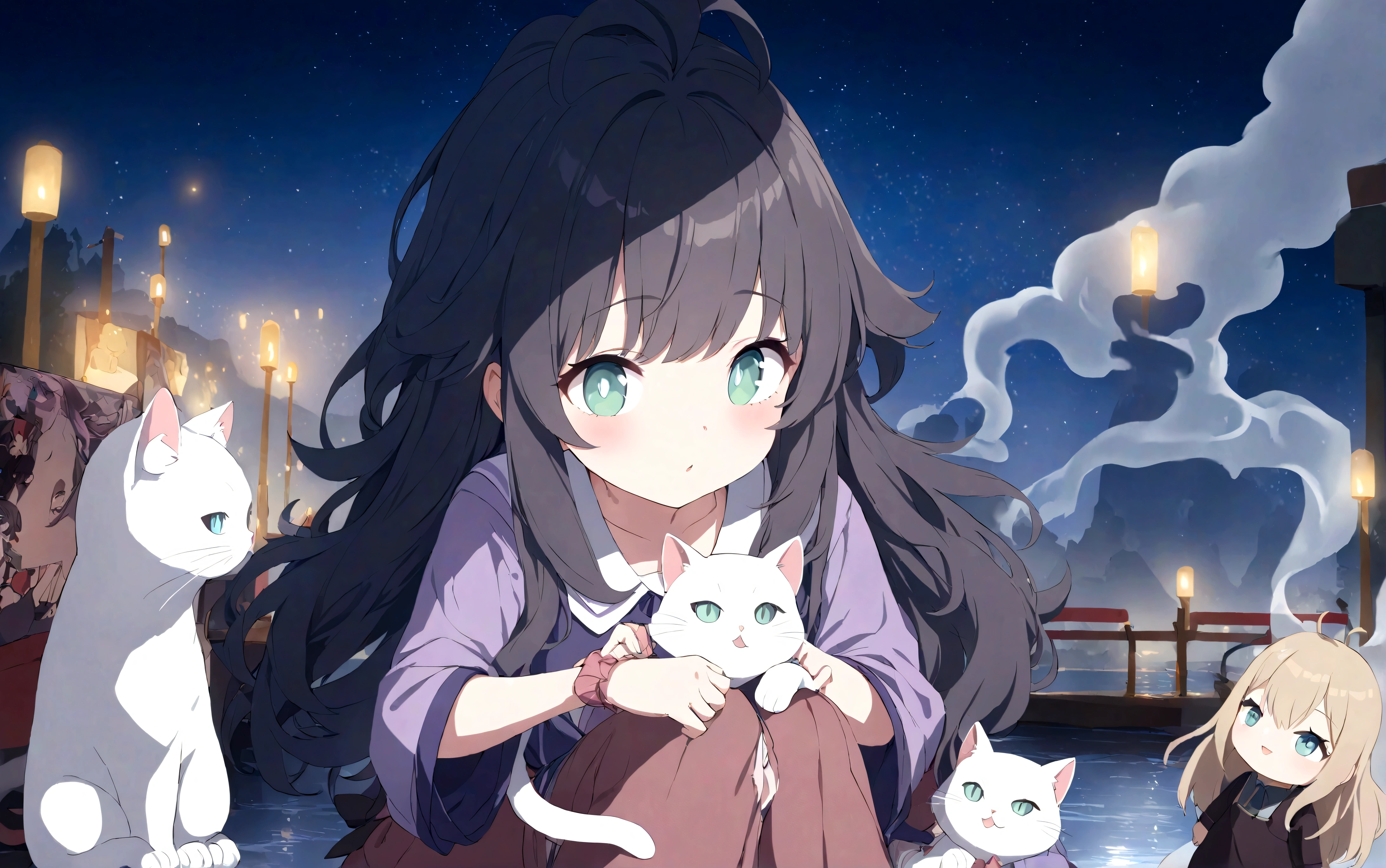 (Best quality,4K,8K,high resolution,Masterpiece:1.2),Super detailed,(Realistic,Photorealistic,Photo-realistic:1.37),Blue long hair, blue eyes, A flowing blue dress, White top,Three-quarter sleeves, Seated, Girl, Combing Hair, Starry sky background, Smoke Smudge, White cat,Dolls