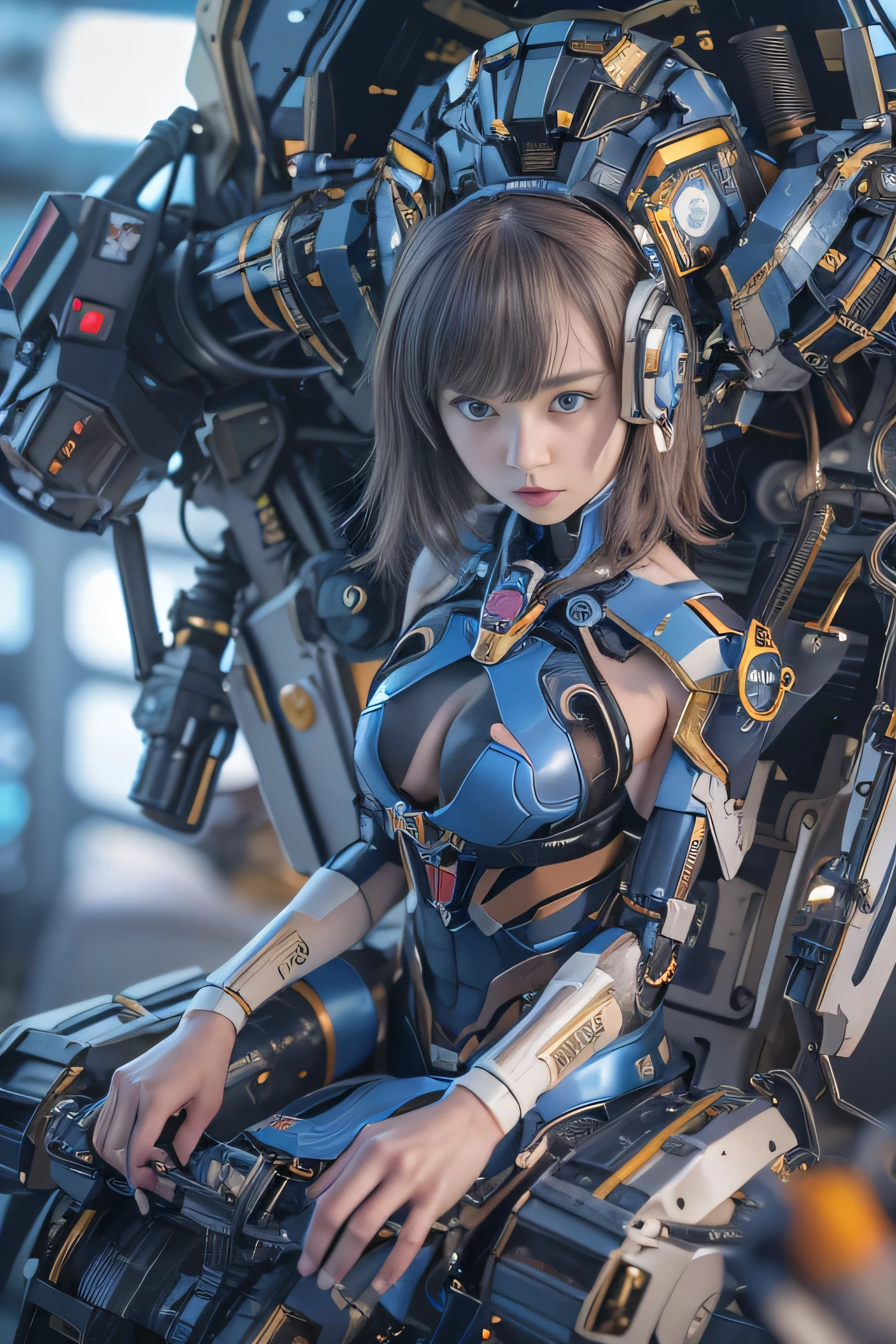 (RAW quality:1.4), Wide-angle shot, 1 female, Mecha, Sparkling blue eyes, 15 years old, Japanese, Very cute face, (Realistic:1.37), Biomechanical, Complex robot, Cleavage, (Bare skin is exposed from under the chest to the lower abdomen.:1.4), Spaceship interior bokeh background, Ultra-realistic, Very detailed, Very intricate details, Beautiful woman in sharp focus, Thin pubic hair,