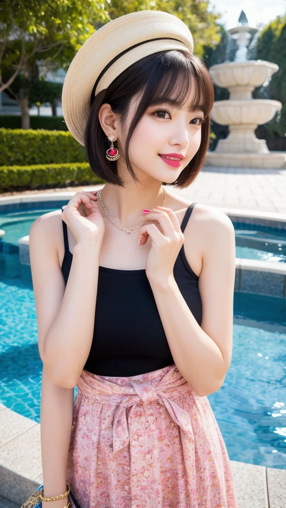 (8k, Photorealistic, Raw photo, Highest quality: 1.4),Japanese idol style１Beautiful girl of the person,18-year-old,Short bob hairstyle,Natural Waves,Black Hair,She has her hair tucked behind her ears,She is wearing a hat,She has small earrings in her ears,Big, clear grey eyes,Long eyelashes,Plump Cheeks,She is wearing pale pink lipstick.,Apply gloss over your lipstick for glossy, plump lips,Smiling,A short pendant is hanging around her neck.,The nails on both hands are painted with light pink nail polish.,Hands clasped behind back,She is wearing a long, sleeveless, floral dress,wearing sandals on bare feet,Standing with a park fountain in the background,Full body portrait