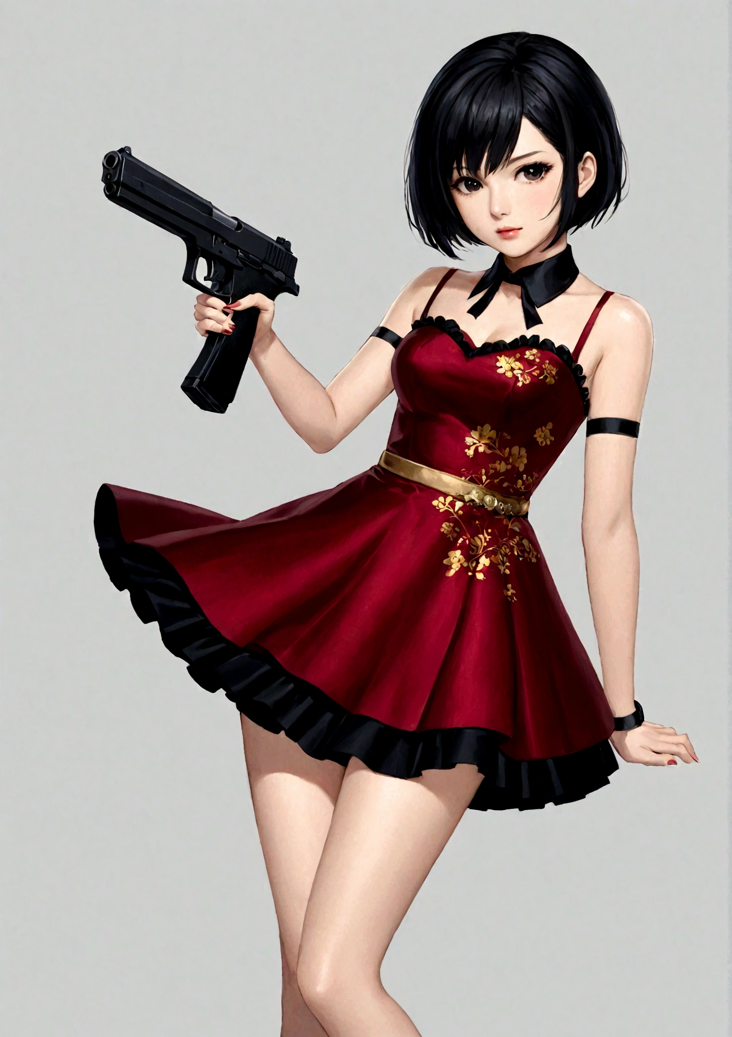 一个穿着红色dress的女人手里拿着gun,White background,1 girl,Black Hair,Black collar,dress,Finger on the trigger,gun,手gun,heckler & koch,拿着gun,拿着arms,手gun,红色dress,左轮手gun,short hair,solo,Thigh straps,arms
