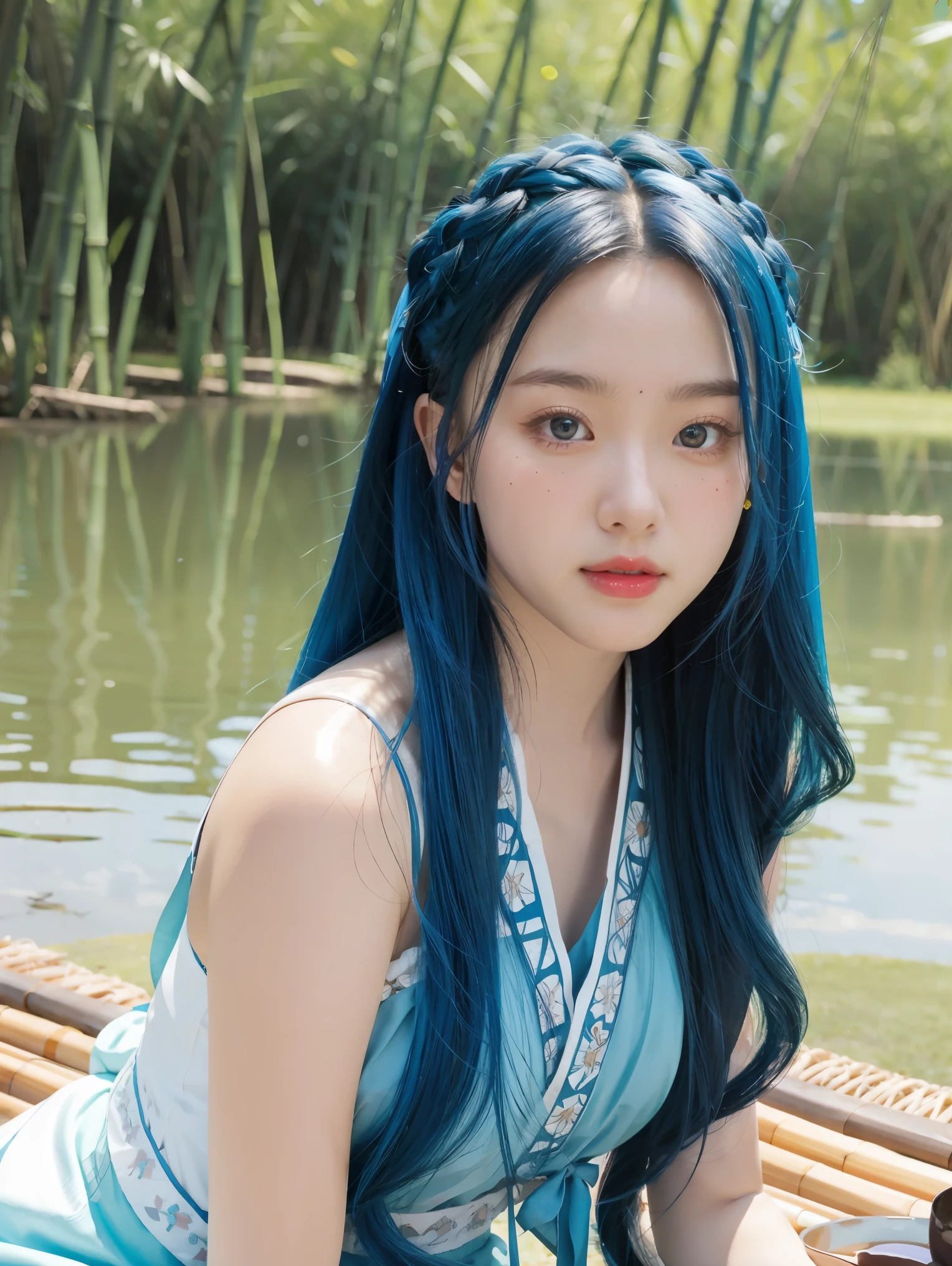 Masterpiece, Best Quality, Official Art, 8k Wallpaper, Very Detailed, Illustration, 1 Girl, Sky Blue Hair, Long Hair, Detailed Eyes, Forrest Gump, Bare Shoulders, Hanfu, Lake, Pure, Soft Smile, bamboo, tea