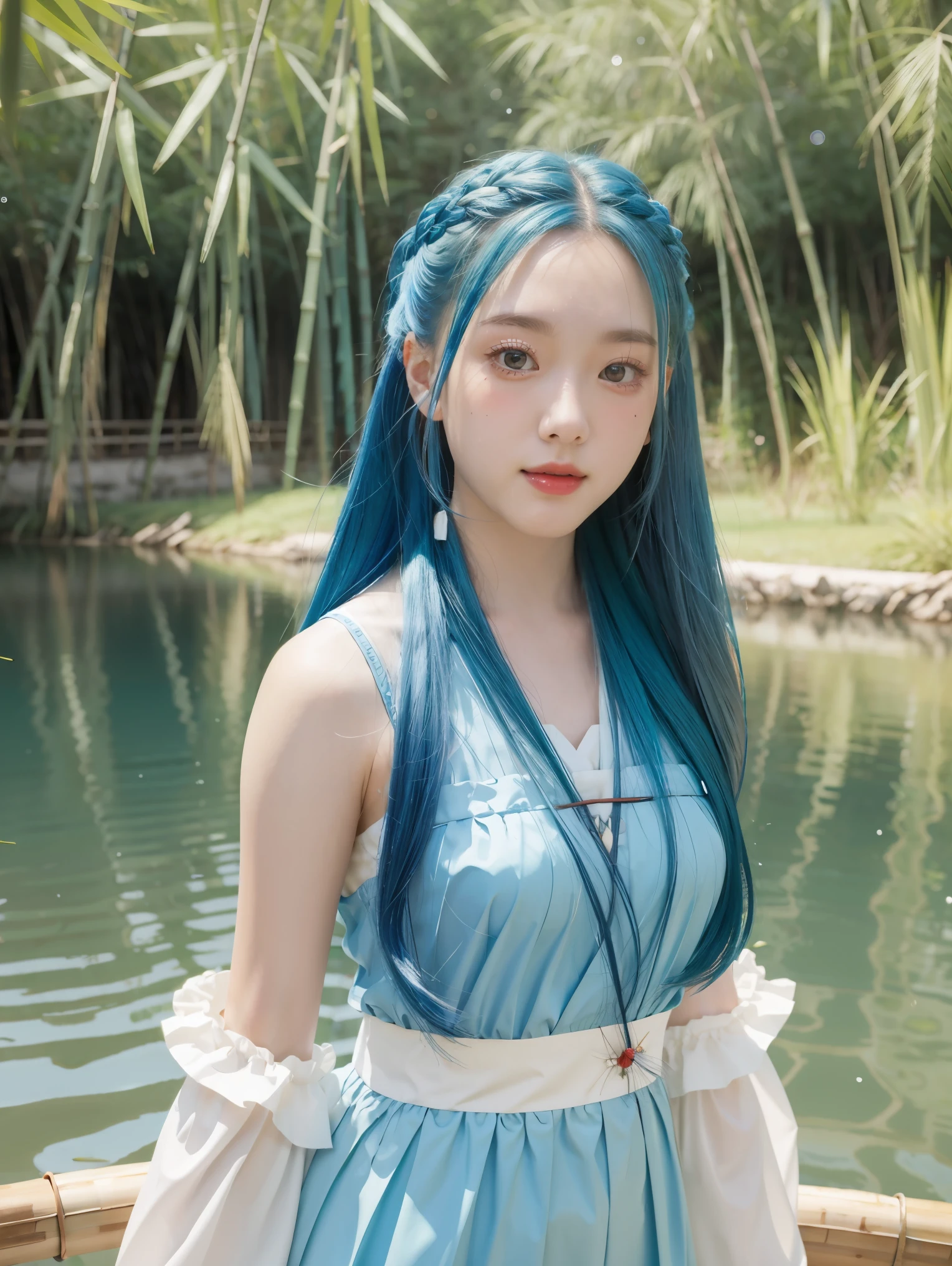 Masterpiece, Best Quality, Official Art, 8k Wallpaper, Very Detailed, Illustration, 1 Girl, Sky Blue Hair, Long Hair, Detailed Eyes, Forrest Gump, Bare Shoulders, Hanfu, Lake, Pure, Soft Smile, bamboo, tea
