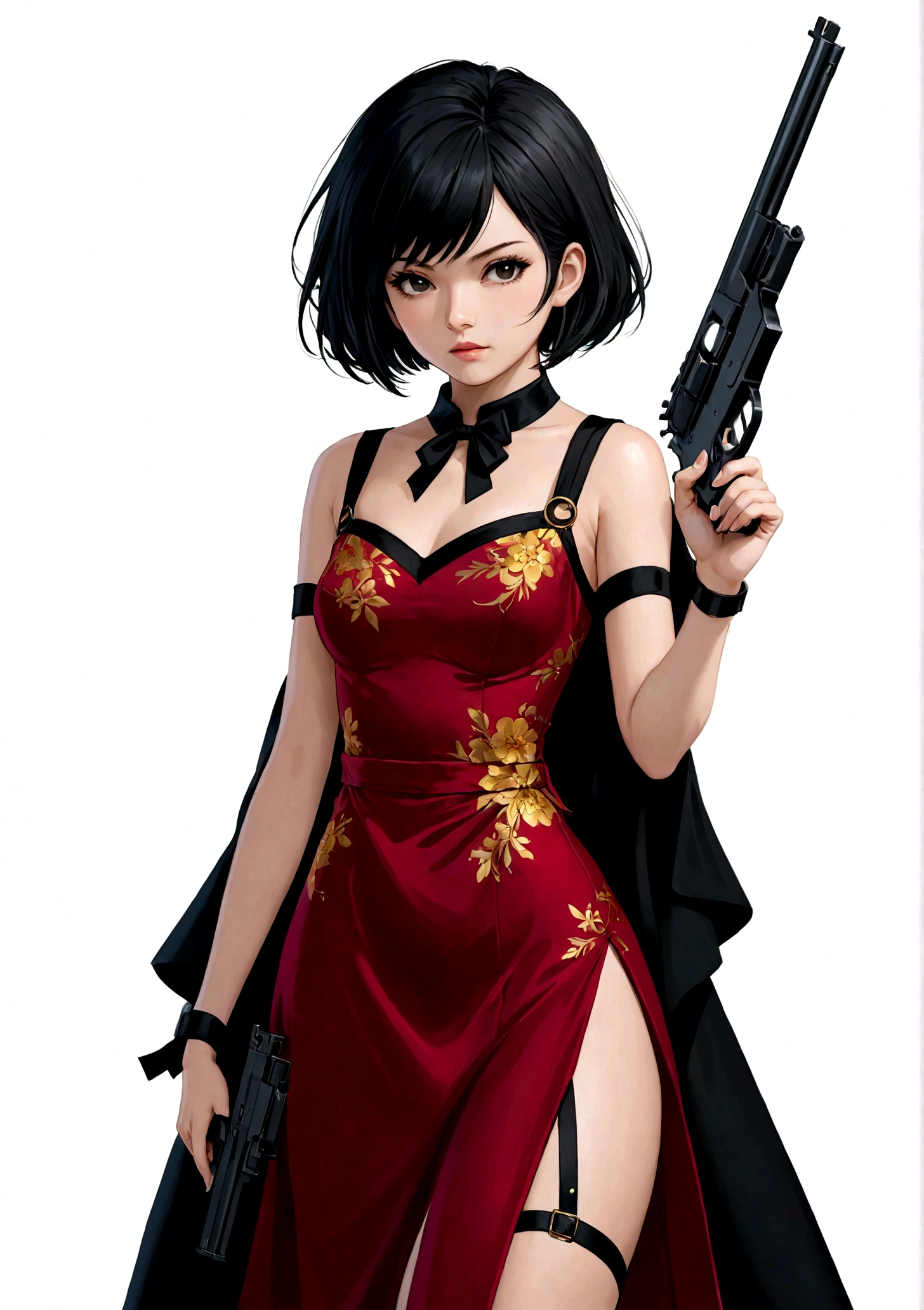 一个穿着红色dress的女人手里拿着gun，White background，1 girl，Black Hair，Black collar，dress，Finger on the trigger，gun，手gun，拿着gun，拿着arms，手gun，红色dress，左轮手gun，short hair，solo，Thigh straps，arms