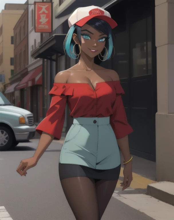 masterpiece, best quality, (Detailed face:1.2), (Detailed eyes:1.2), solo, 1girl, nessacasual, aqua eyes, makeup, dark skin, short hair, black hair, blue hair, aqua hair, multicolored hair, two-tone hair, smile, medium breasts, grey cabbie hat, red shirt, off shoulder, collarbone exposed, cleavage, black short skirt, pantyhose, hoop earrings, black high-heels, hoop earrings, walking, arms to the side, outdoors, city street
