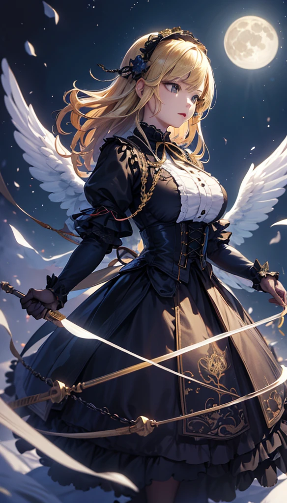 masterpiece, high quality, 4K, Beautiful design, silhouette，blonde， 非常に詳細な夜のStarry Sky,Flower Field， wonderful, Finer details,  Very knowledgeable female angel, Highly detailed solo, 1 female,Big Breasts，Gothic ta Fashion，Night view，Starry Sky，full moon，