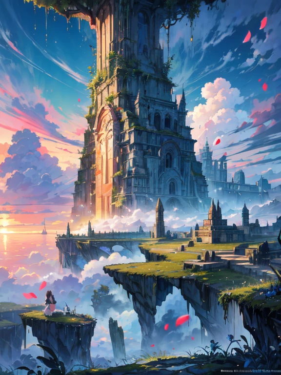 shinkai Mokoto and Ghibli anime style, from behind,above the cloud,a girl in adventure outfit sitting on a mossy stage looking at the majestic lost city and the giant world tree next to it, lost city above the cloud and towering sky, magical glowing partical, vibrant dreamy colorful sky and fluffy clouds, books, apple, glasses, calm,petal,wind blowing hair,sun shine
