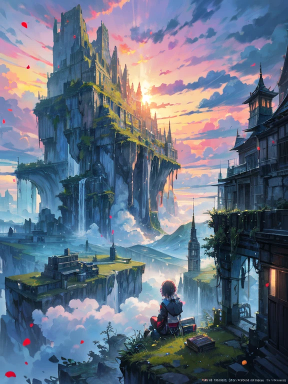 shinkai Mokoto and Ghibli anime style, from behind,above the cloud,a girl in adventure outfit sitting on a mossy stage looking at the majestic lost city and the giant world tree next to it, lost city above the cloud and towering sky, magical glowing partical, vibrant dreamy colorful sky and fluffy clouds, books, apple, glasses, calm,petal,wind blowing hair,sun shine