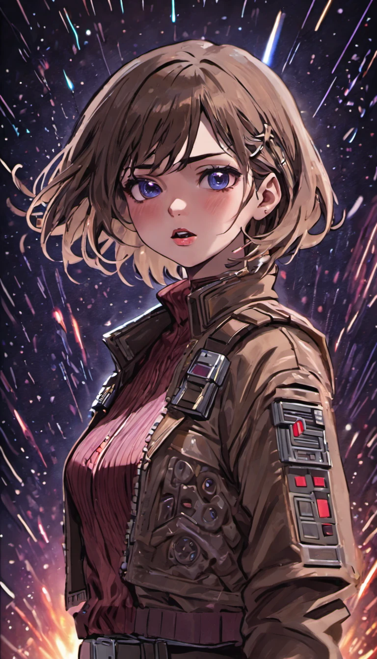 1 woman, beautiful detailed eyes, beautiful detailed lips, extremely detailed face and eyes, long eyelashes, full body portrait, female version of Han Solo from Star Wars, intricate details, detailed immersive background, realistic, star wars, cinematic lighting, dramatic shadows, chiaroscuro lighting, epic space scene, detailed nebulae, detailed star field, sci-fi atmosphere, (best quality,4k,8k,highres,masterpiece:1.2),ultra-detailed,(realistic,photorealistic,photo-realistic:1.37)