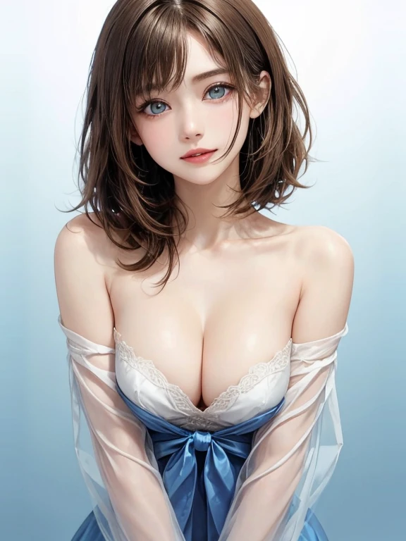 Light brown hair、Beautiful woman with white skin、Intense Crystal Light Blue Light Blue Light Eye、Beautiful symmetrical face、Please look closely at the camera、Listen carefully、Cute Smile、Beautiful Teeth、Beautiful Teeth alignment、Medium shorthair that feels movement、Hair between the eyes、Crossed bangs、{huge|big|hugeな|Mega} chest, chestの谷間、Beautiful 20 year old woman、Beautiful supermodel with a small face、Very tall supermodels、Long necked supermodel、Show off your beautiful décolletage、Tilt your head slightly to the right、tilt the body slightly to the left、Very beautiful smile、Very colorful artistic fine technique brush painting background in rainbow colors、god々々Beautiful background、A beautiful woman full of adult charm、