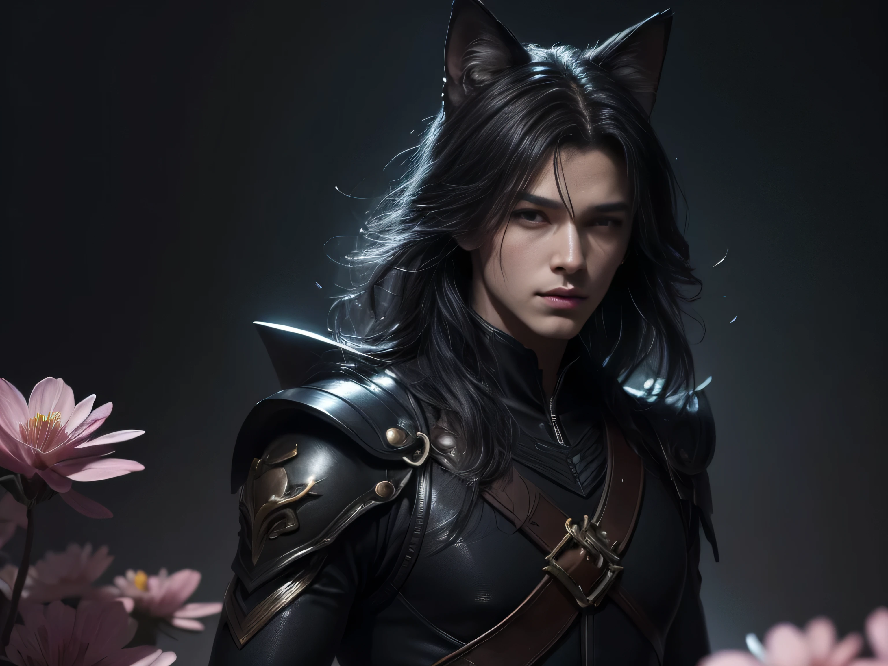 (Best Quality, 8K, Masterpiece, HDR, Soft Lighting, Picture Perfect, Realistic, Vivid), Nine Tails of a Black Fox (1.0), Tail of a Black Fox (1.0), Nine-Tailed Fox, Guy Fox with Black Hair and Blue Suit Sexy open leather suit, naked torso with developed body, beautiful fantasy anime, very handsome and cute fox guy, pink flower rain, background blur, anime fantasy, Gouves style work, realistic: 1.37, top view, lying in pink flowers, horizontal view, (ultra high quality fantasy art), masterpiece, male model, ultra high quality male character design, anime art with 8k development, realistic anime art, highest quality wallpaper illustrations, complex ultra high quality accurate male characters faces, high quality design and accurate physics (super high quality fantasy style)) art, dark fantasy)) Style), masterpieces, super high-quality characters, anime resolution - 8K, realistic anime art, wallpapers with the highest quality illustrations, ultra-high detail of faces, high-quality design and accuracy of physics), color, depth of field, shadows, ray tracing , production of high-quality computer wallpapers and 8K resolution, (Accurate simulation of the interaction of light and materials)], [High-quality hair detail [More about beautiful and shiny red hair]], (Beautifully detailed hands [perfect fingers [Perfect nails]], (perfect anatomy (perfect proportions)))) [[Full-length]], [Perfect combination of colors (Accurate imitation of the interaction of light and material)], [art that conveys the meaning of the story]