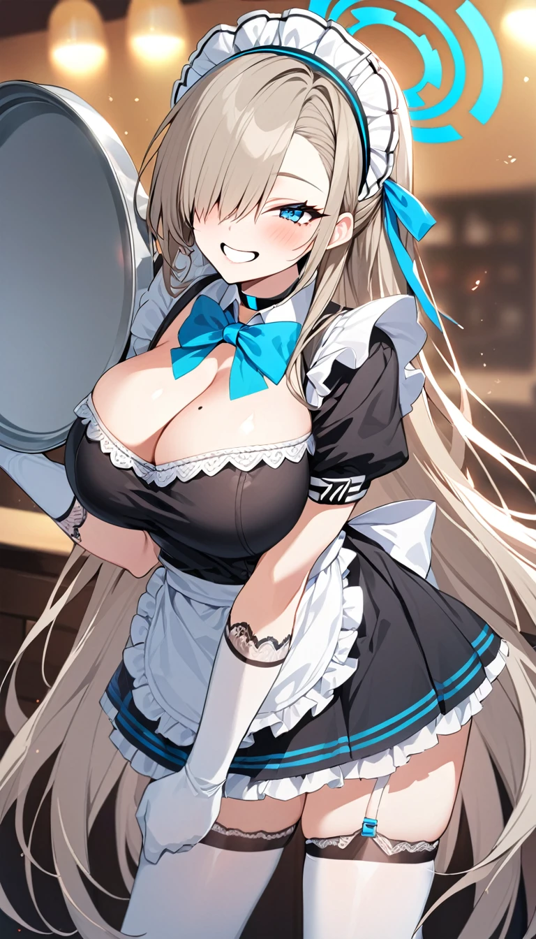 1girl, asuna_(blue_archive), breasts, solo, mole_on_breast, mole, gloves, cleavage, maid_headdress, large_breasts, apron, blue_eyes, long_hair, smile, white_gloves, halo, thighhighs, looking_at_viewer, bangs, grin, white_thighhighs, white_apron, dress, short_sleeves, light_brown_hair, bow, blush, choker, black_dress, maid, elbow_gloves, bowtie, leaning_forward, hair_over_one_eye, frills, garter_straps, ribbon, holding, tray, puffy_sleeves, puffy_short_sleeves, blue_bow, blue_bowtie, frilled_apron, maid_apron, thighs, very_long_hair