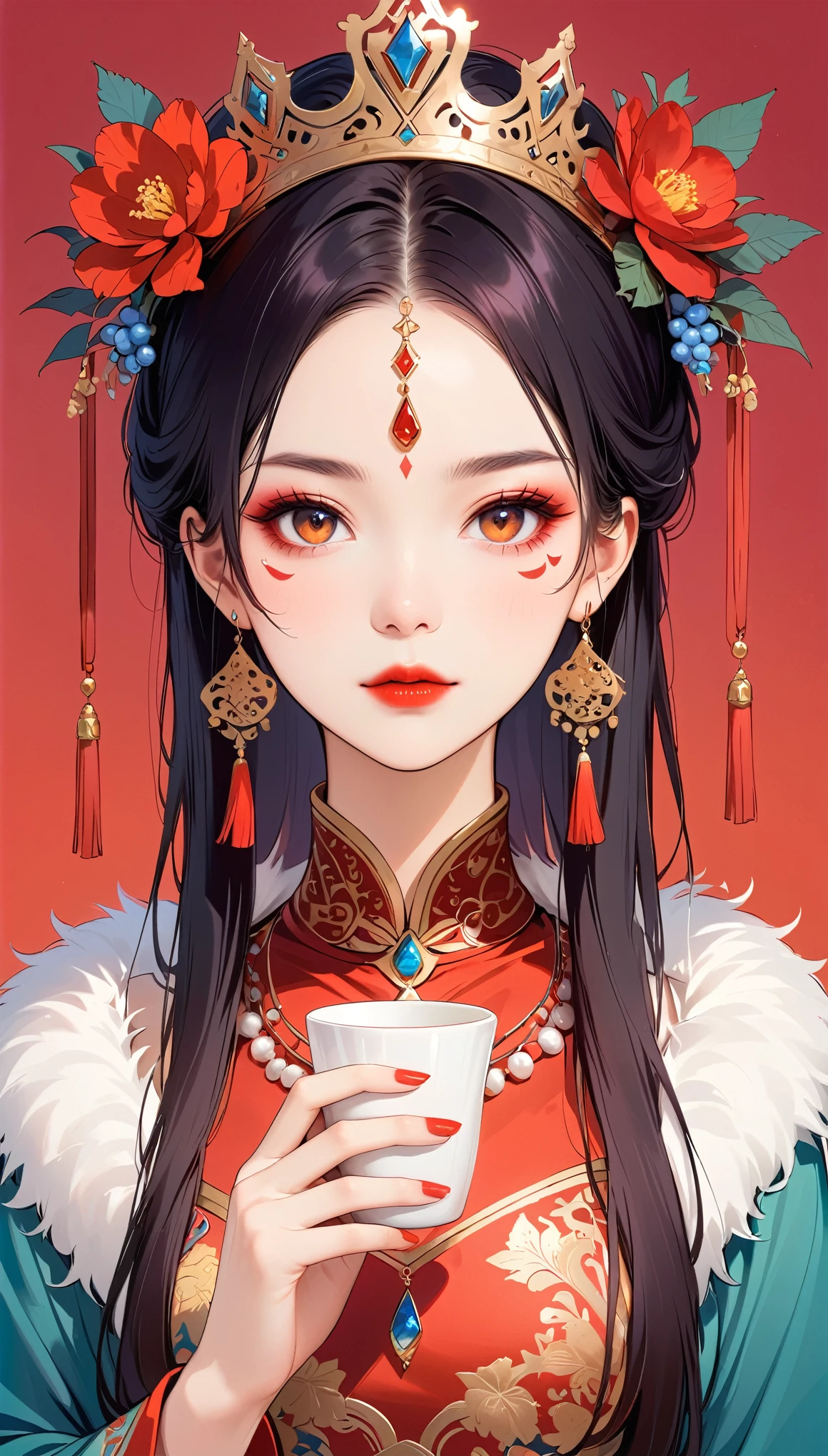 1girl, solo, looking_at_viewer, black_hair, hair_ornament, long_sleeves, jewelry, closed_mouth, upper_body, flower, earrings, artist_name, necklace, fur_trim, makeup, facial_mark, chinese_clothes, crown, lipstick, red_flower, gem, tassel, beads, headdress, red_lips, straight-on, red_gemstone，Holding a cup in hand，Gorgeous crown