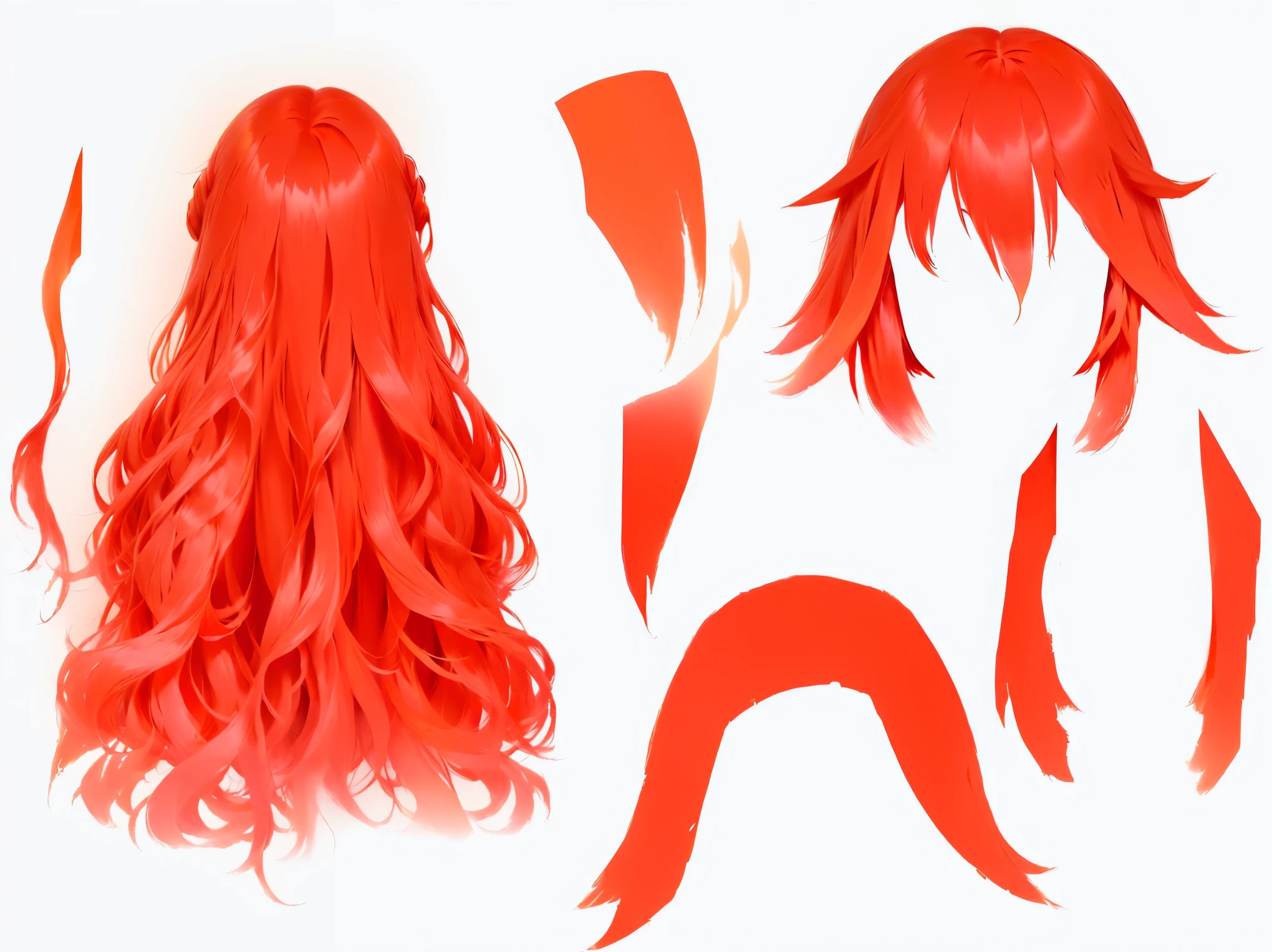 there are red hair and a red wig on a white background, red wig, Orange flowing hair, she has long red hair, wig, red glowing hair, Anime set style, hime cut, wavy bright red hair, fire hair, carrot hair, оранжевая кожа и длинные fire hair, long fire hair, orange glowing hair, long wavy orange hair, clear contours, Hair structure