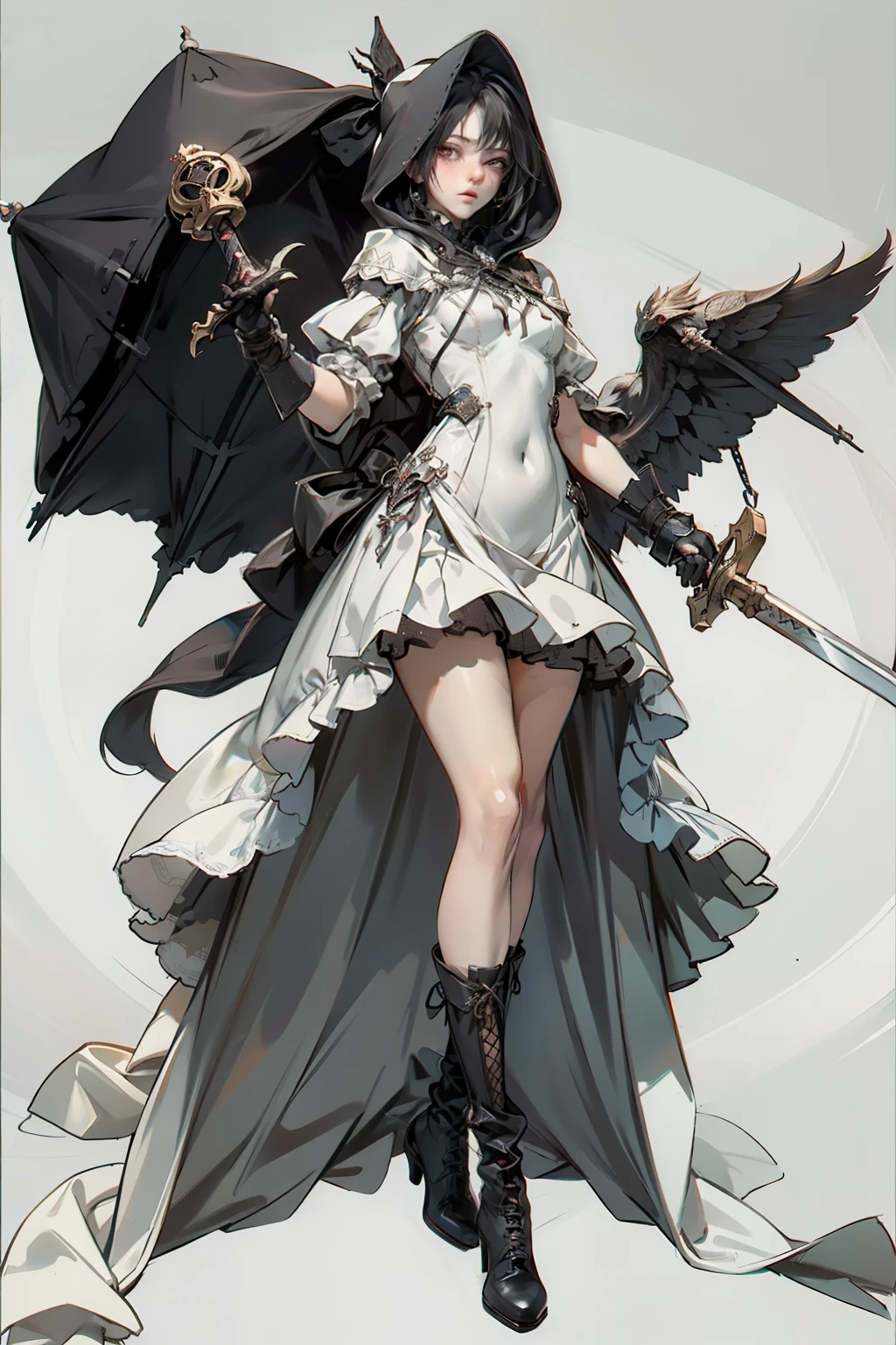 ((best quality)), ((masterpiece)), (detailed), blank white background, plain background, white background, red and white clothing, (with a hood), Bloodborne inspired, occult aesthetic, occult, detailed and intricate steampunk and detailed gothic, NSFW, Very dramatic and cinematic lighting, cosmic horror, grim-dark, side-lighting, perfect face, NSFW, Fluttering lace flared long knee length dress with frilly petticoats, knee length dress, pleated petticoats, ta dress, petticoats gothic lolicomplex lace boots, wielding a sword and holding a shield, side-lighting, gothic lolita aetic, NSFW, beautiful small breasts, small breasts, full body, whole body, body, plain background, white background, blank background, no background, white background NSFW, full body, whole body, head-to-toe
