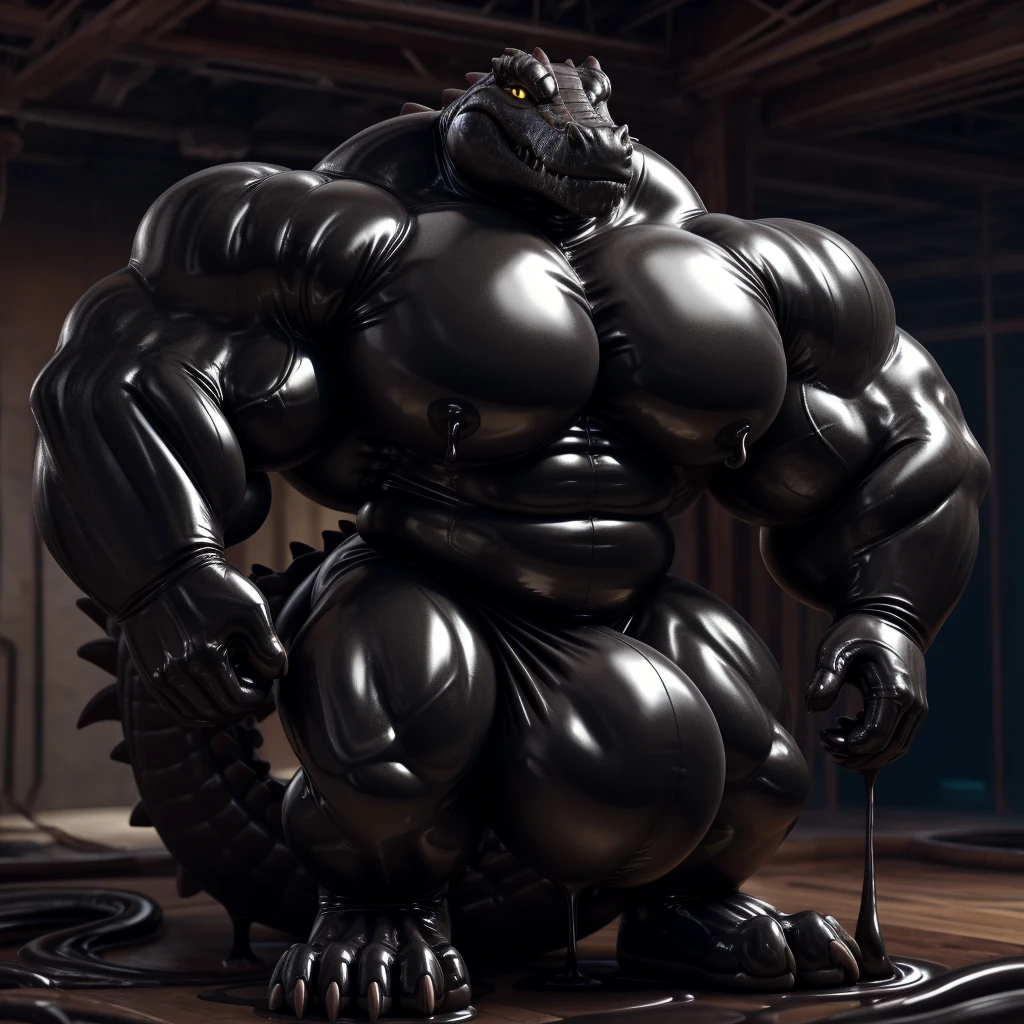(corruption)), jeans,,solo,unreal engine,perfect light,detailed, photorealistic, 4k, hd, good anatomy, high quality, best quality, concept art, photorealistic, (very hyper muscles:1.1)(hyper pecs:1.2)(long thick thighs:1.3)(Huge bulge:1), ((corruption)), ,(((liquid_latex, , rubber:1.2),,black latex,goo transformation,(gooey)(cave),Crocodile