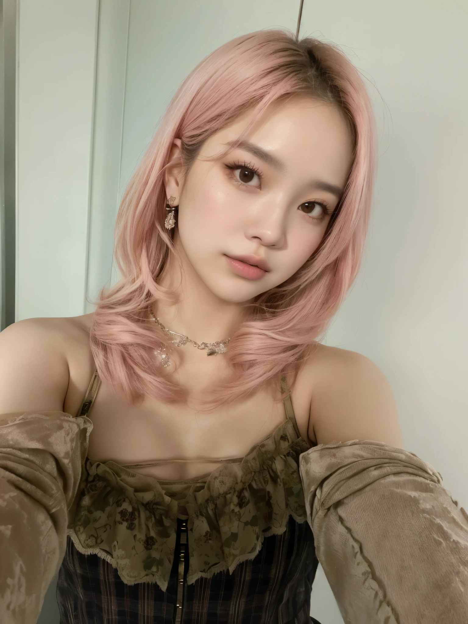 there is a woman with cabello rosado and a brown top, with cabello rosado, parque roseanne de blackpink, jinyoung shin, portrait of jossi de blackpink, Heonhwa Choe, jaeyeon nam, ulzzang, jossi de blackpink, algo de rosa, rosa pastel, cabello rosado, pelo liso rosa, muchacha rosada, Lalisa Manobal