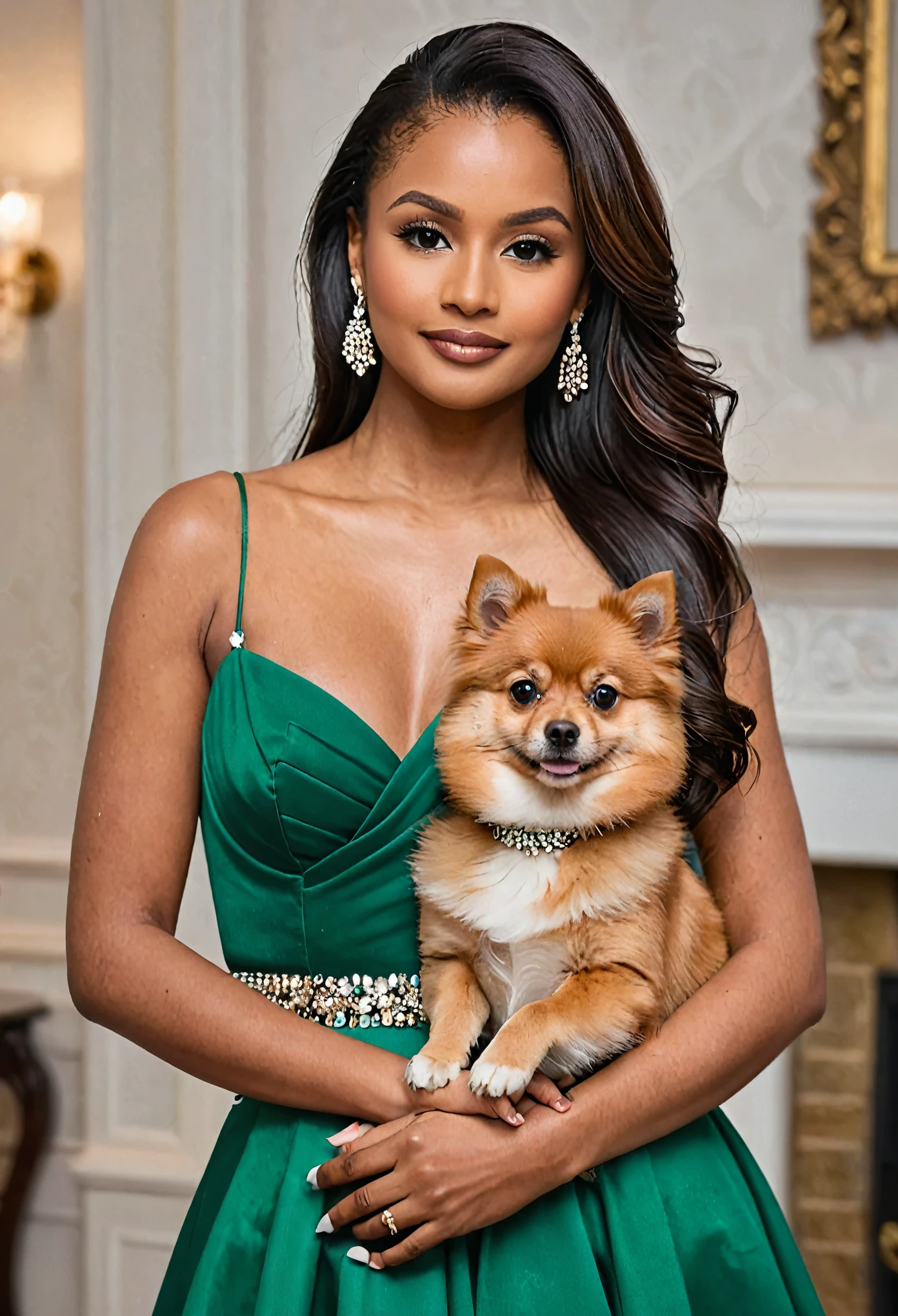 A portrait of a beautiful 30-year-old woman with warm, radiant brown skin, and long, straight hair with extensions reaching down to her waist. She is dressed in an elegant, emerald green evening gown, fitted at the waist with a flowing skirt. She wears long diamond earrings and a matching necklace. She is holding a {dog breed} in her arms. Both the woman and the Pomeranian dog are looking directly at the camera. The background is softly blurred to focus attention on the woman and her Pomeranian dog.