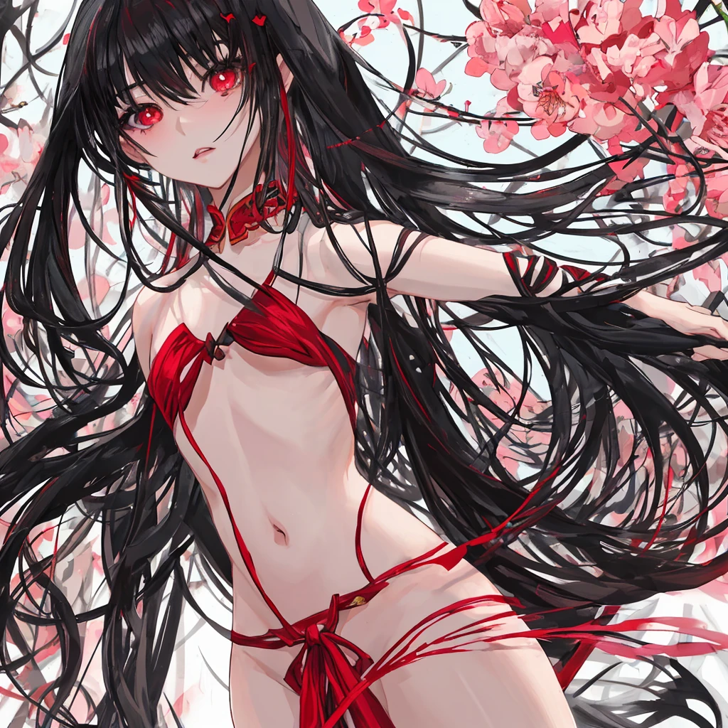 Asian girl, hermosa, demonio, ojos rojos, cabello blanco, garras, enormes pechos, desnuda, mostrando el culo al espectador, de espalda