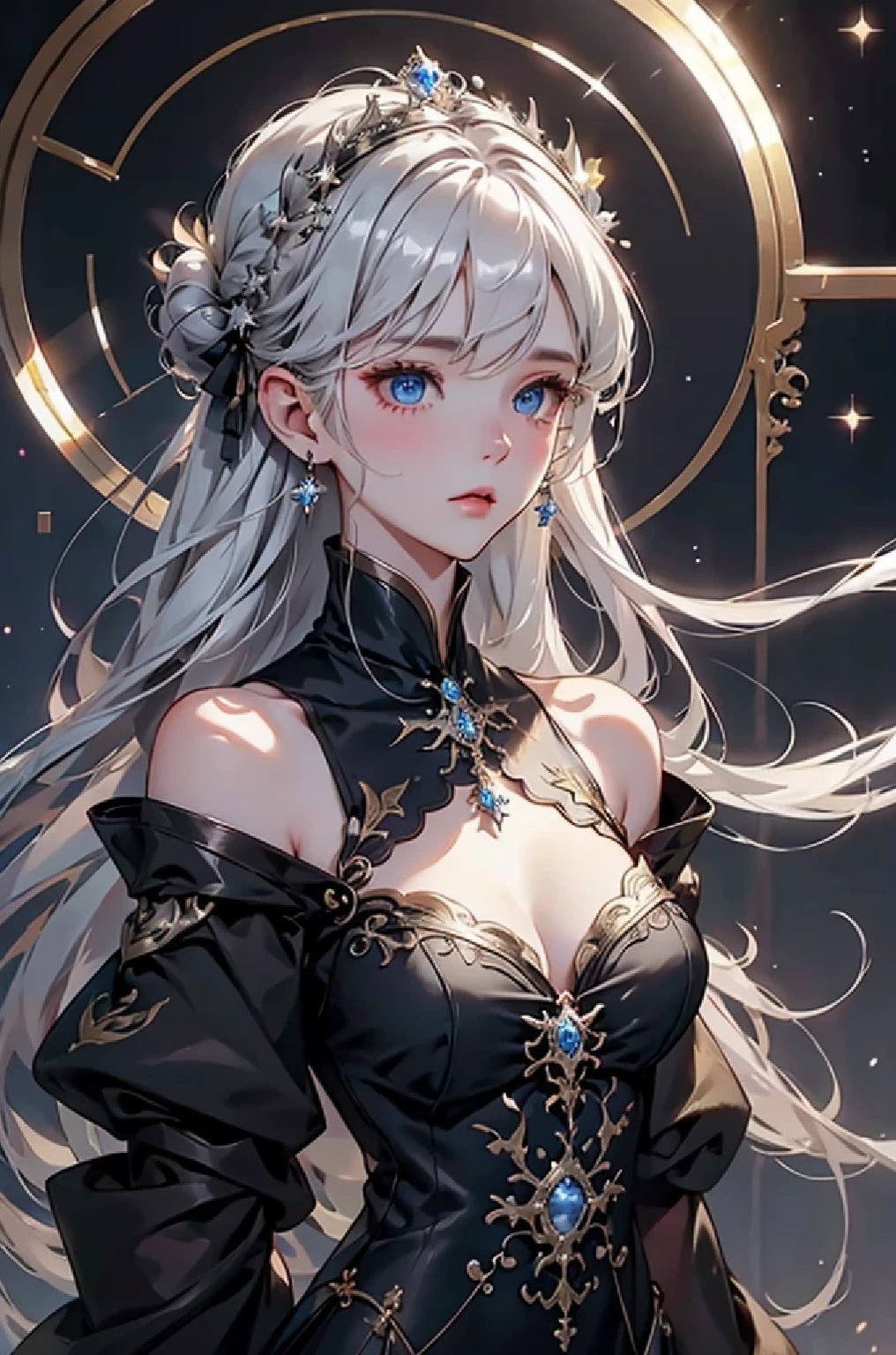 Night view,star,（White Hair Girl:1.5）,（（masterpiece））、（detailed：1.4）（close）、Top view、（Backlight）(A fantastic atmosphere、Ancient capital、Amazing beauty images,One Woman、white dust、Light and dance-like、Suspended particles), (Black Dress、Long dress with sleeves、Exposing shoulders、Off the shoulder)、（Gray hair that changes with light、length, Lustrous gray hair、WHITE hair fluttering in the wind、Beautiful Bangs:1.3）、（Beautiful white and shining skin、Cheek gloss highlighter、Sexy and very beautiful and adorable face、The most beautiful face in the world、big, Sparkling blue eyes）、（Cute 25 year old girl、Ample breasts、Great cleavage and a tiny waist、Delicate shoulders、Perfect figure）
