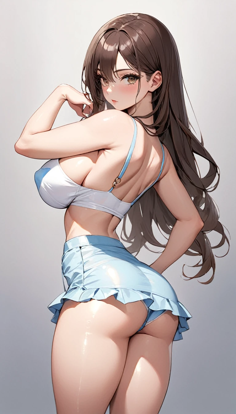 masterpiece, highest quality, Very detailed, ,Fine details, Anime style, 1 girl large breasts、Big Ass、Cleavage、Tight waist、Cowboy Shot、Long Hair、Beautiful Eyes、dark brown hair, Shiny Hair, light brown eyes, White camisole, mini skirt、Light blue panties, ((underboob))、Sexy pose, Seductive pose, arched back, hands on hips