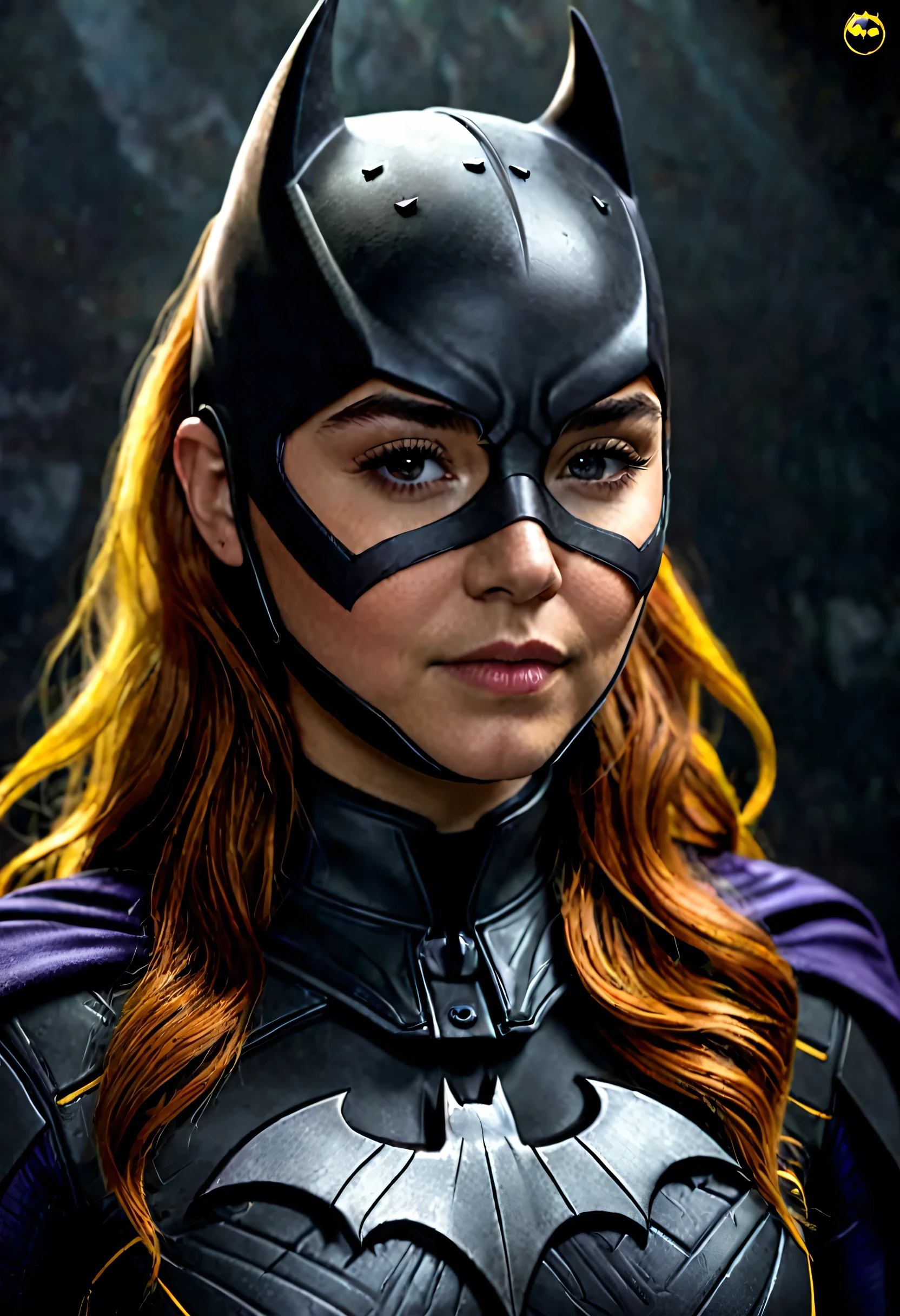 a beautiful detailed portrait of Florence Pugh as Batgirl from the DC comics universe,Batgirl costume,Batman emblem on the chest,inspired by the Arkham trilogy video game series,hyperrealistic,8k,extremely detailed,intricate costume design,dramatic lighting,cinematic composition,vivid colors,digital art,concept art style,clear ginger hair,((Mask))