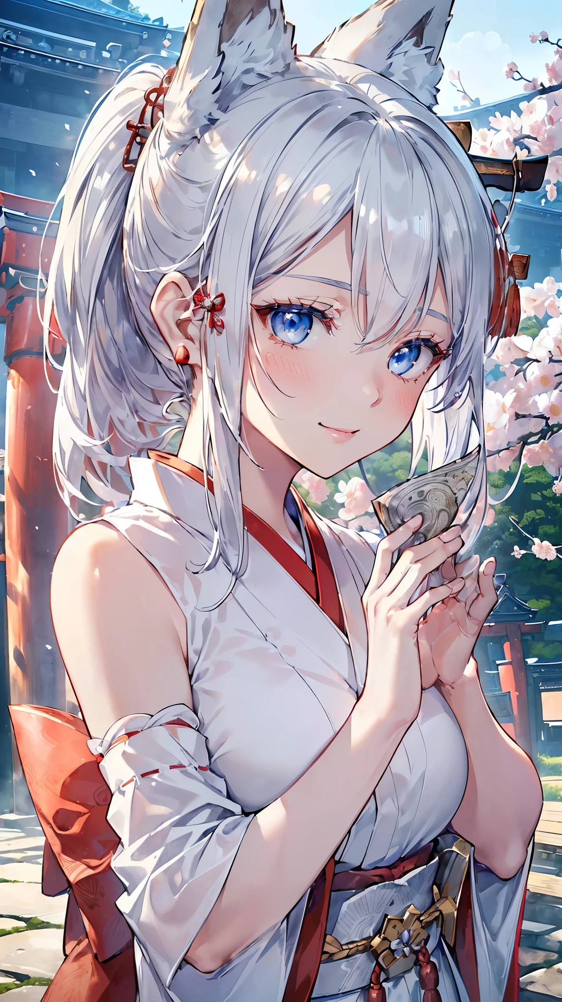 (((Masterpiece))), (((Highest quality))), ((Ultra-detailed)), ((Super fine illustration)), ((Ultra-fine painting)), (16K highest quality wallpaper:1.4), (Upper body:1.6), HDR, (Highly detailed and delicate illustration style:1.8), Detailed skin texture, Detailed cloth texture, Extreme detailed description, (Highly detailed face:1.4), (Highly detailed beautifulsilver fox ears:1.4), (Highly detailed beautiful ponytail:1.2), (Highly detailed beautiful eyes:1.2), Original, Intricate details, Super details, Direct light:1.6, (Perfect anatomy:1.4), (Highly detailed hands:1.2), (Highly detailed fingers:1.2), (Highly detailed fingertips:1.2), (27-years-old), Real, (Solo:1.6), ((A very beautiful and attractive silver fox model who is a messenger of God and a traditional Japanese sacred shrine maiden:1.4)) BRAKE (Beautiful and adorable silver fox ears:1.8), (Highly detailed and delicate silver fox ears:1.6), (Beautiful and well-shaped big breasts:1.2), (Beautiful and well-shaped buttocks), (Beautiful and shiny silver ponytail:1.6), (Highly detailed and delicate silver ponytail:1.2), (Beautiful clear blue eyes that shine with great detail:1.6), (Highly detailed and delicate blue eyes:1.2), (Highly detailed face:1.4), (Smile:1.5), (Blush:1.3), (Looking at viewer:1.4), (Celebration:1.4), (Standing:1.2) BRAKE ((Brightly white and red colored) and divine traditional shrine maiden costumes at Japanese shrines:1.4), (Japanese divine traditional costume:1.2) BRAKE ((Highly detailed and beautiful Ise Grand Shrine in Mie Prefecture just after noon in spring in the background:1.6), (Celebration:1.4), Highly beautiful in the sunny sky background just after noon:1.2) BRAKE