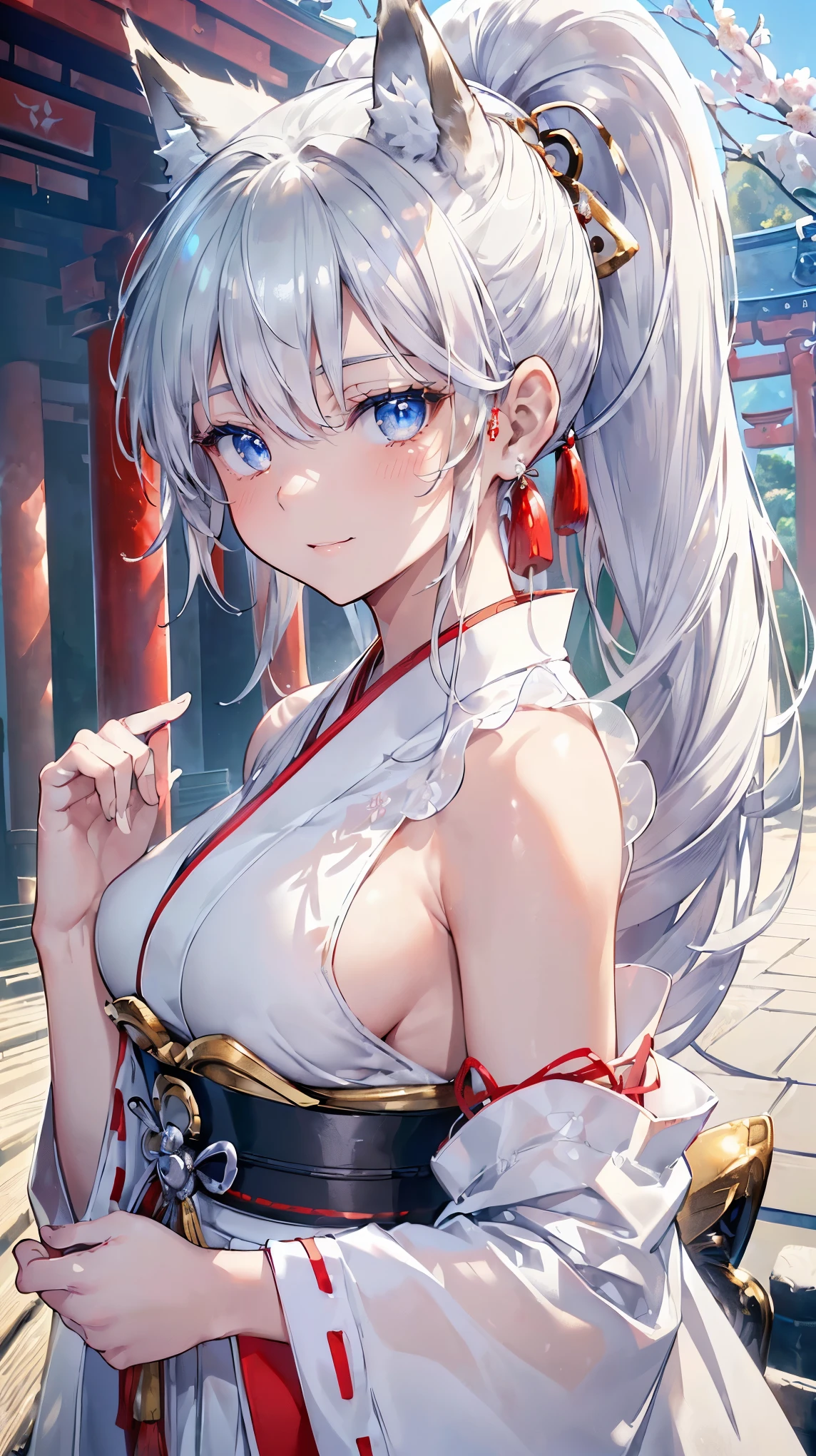 (((Masterpiece))), (((Highest quality))), ((Ultra-detailed)), ((Super fine illustration)), ((Ultra-fine painting)), (16K highest quality wallpaper:1.4), (Upper body:1.6), HDR, (Highly detailed and delicate illustration style:1.8), Detailed skin texture, Detailed cloth texture, Extreme detailed description, (Highly detailed face:1.4), (Highly detailed beautifulsilver fox ears:1.4), (Highly detailed beautiful ponytail:1.2), (Highly detailed beautiful eyes:1.2), Original, Intricate details, Super details, Direct light:1.6, (Perfect anatomy:1.4), (Highly detailed hands:1.2), (Highly detailed fingers:1.2), (Highly detailed fingertips:1.2), (27-years-old), Real, (Solo:1.6), ((A very beautiful and attractive silver fox model who is a messenger of God and a traditional Japanese sacred shrine maiden:1.4)) BRAKE (Beautiful and adorable silver fox ears:1.8), (Highly detailed and delicate silver fox ears:1.6), (Beautiful and well-shaped big breasts:1.2), (Beautiful and well-shaped buttocks), (Beautiful and shiny silver ponytail:1.6), (Highly detailed and delicate silver ponytail:1.2), (Beautiful clear blue eyes that shine with great detail:1.6), (Highly detailed and delicate blue eyes:1.2), (Highly detailed face:1.4), (Smile:1.5), (Blush:1.3), (Looking at viewer:1.4), (Celebration:1.4), (Standing:1.2) BRAKE ((Brightly white and red colored) and divine traditional shrine maiden costumes at Japanese shrines:1.4), (Japanese divine traditional costume:1.2) BRAKE ((Highly detailed and beautiful Ise Grand Shrine in Mie Prefecture just after noon in spring in the background:1.6), (Celebration:1.4), Highly beautiful in the sunny sky background just after noon:1.2) BRAKE