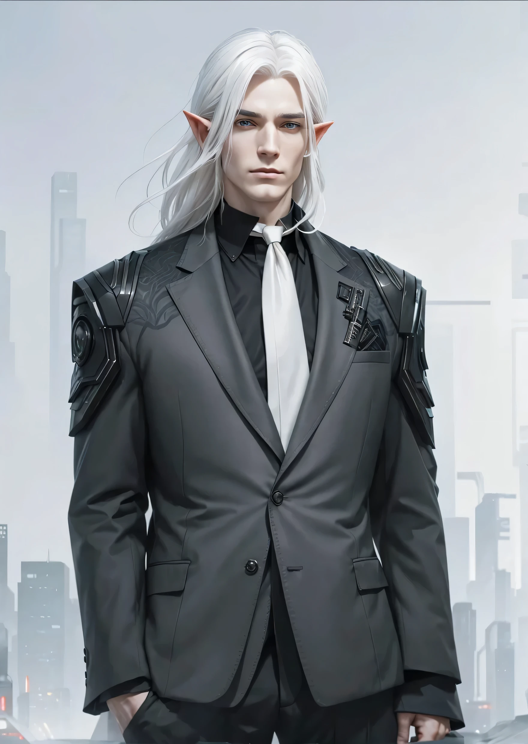 Masterpiece, elegant elven man, white hair, pale skin, calm, dystopian future, cyberpunk:1.2, corporate, CEO, selfish, narcissistic, confident