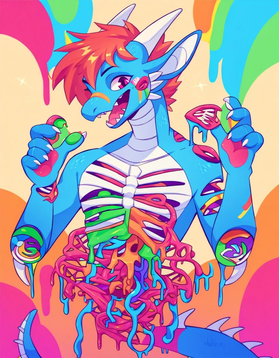 1furry, dragon, rainbow, severed limbs, pastel colors, colorful blood, guts,score_9, score_8_up, score_7_up,