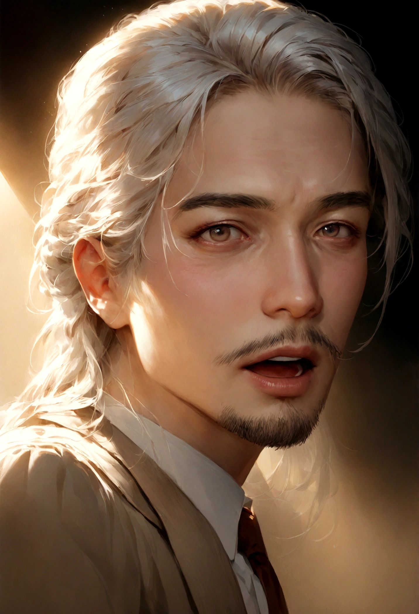 Chinese man in white shirt, best quality,4k,8K,Very attractive man，With both hands,30 years old， Neat facial hair, Lovely, thrilling, realism, Ultra-realistic images, extreme,Soft portrait shots 8 k, Very detailed portrait,, 超realism风格, , 超realism肖像,white hair,Elegant suit, open mouth,