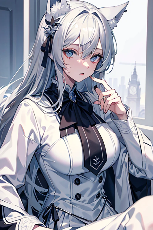 masterpiece, best quality, beautiful girl, white hair with blue inner color, emerald green eyes, dark blue military uniform, mature_female, eye_glasses, white gloves, anime, dark blue military hat, very_long_hair, perfect body, red ribbon, commander, science_fiction, black knee-high boots, white pencil skirt , cowboy_shot, best quality, large_breasts, ultra-detailed, high quality, modern military uniform, sci-fi, royal blue Trench Coat, one girl