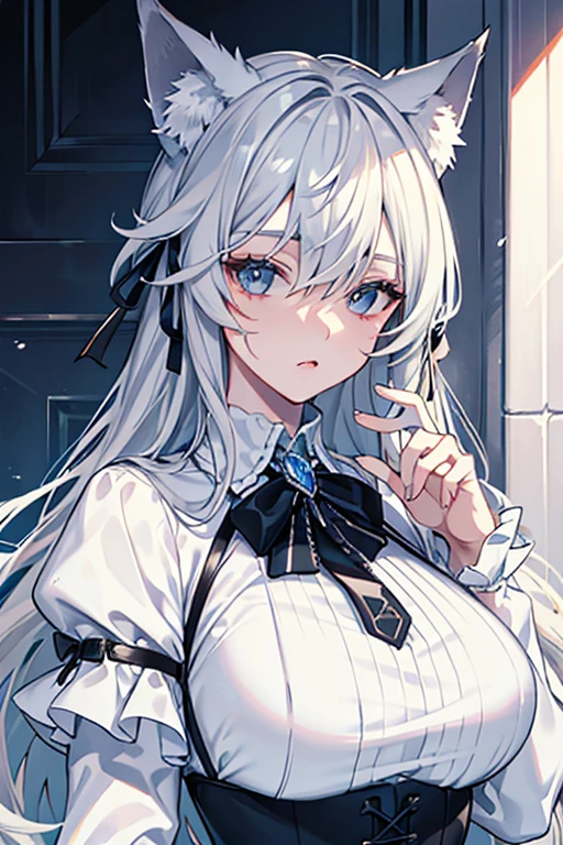 best qualtiy,tmasterpiece,The is very detailed,4K,Gray hair and shallow eyes,Drag cool expressions,Wolf ears,Erect scar on the left eye,British style,1girl,Absolutely beautiful, big bust, white costume, ear ribbon