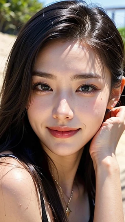 ((Beautiful Japanese Women)),Small breasts,, (8k, RAW Photos, highest quality, masterpiece:1.2),(Realistic, photo-Realistic:1.37),Very delicate and beautiful,8k,In detail,Beautiful details,highest quality,Ultra-high resolution,((Very detailed)),(photo-Realistic:1.37),(((Long black hair)))、((Mole on the corner of the eye))、(Thin eyebrows)、((double eyelid))、((Tear bags))、Fine skin、Beautiful neckline、Sexy Bikini、necklace、smile、Beach、((Golden ratio of the face))、Slim body、(Beautiful curves)、Sitting