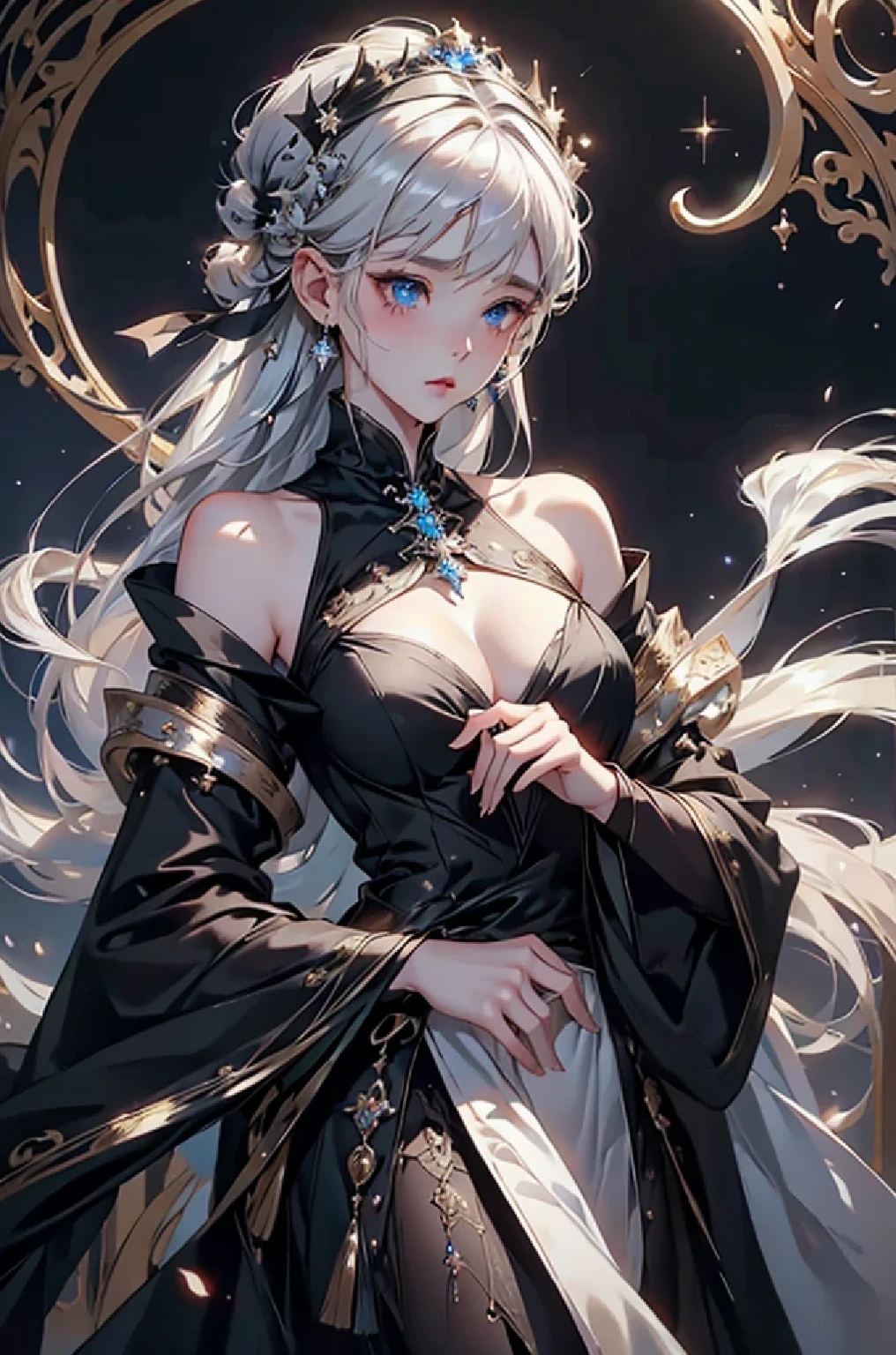Night view,star,(White Hair Girl:1.5),((masterpiece))、(detailed:1.4)(close)、Top view、(Backlight)(A fantastic atmosphere、Ancient capital、Amazing beauty images,One Woman、white dust、Light and dance-like、Suspended particles), (Black Dress、Long dress with sleeves、Exposing shoulders、Off the shoulder)、(Gray hair that changes with light、length, rous gray hair、WHITE hair fluttering in the wind、Beautiful Bangs:1.3)、(Beautiful white and shining skin、Cheek gloss highlighter、Sexyd very beautiful and adorable face、The most beautiful face in the world、big, Sparkling blue eyes)、(Cute 25 year old girl、Ample breastscleavage and aist、Delicate shoulders、Perfect figure)