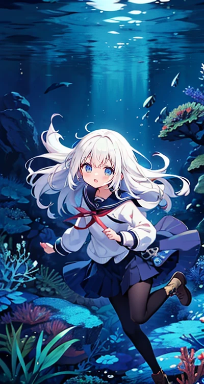 (Peace Fly), (highest quality), Very detailed, 1 girl, Personal full-body photo, Perfect Face, beautiful girl, Very detailed顔，(Long white hair:1.5)，(blue eyes:1.4)，(Flowing Hair:1.4)，(Underwater:1.4)，sink，school fishy，Light，jellyfish，Seaweed，Redfish，fishy，deep sea，Fantasy